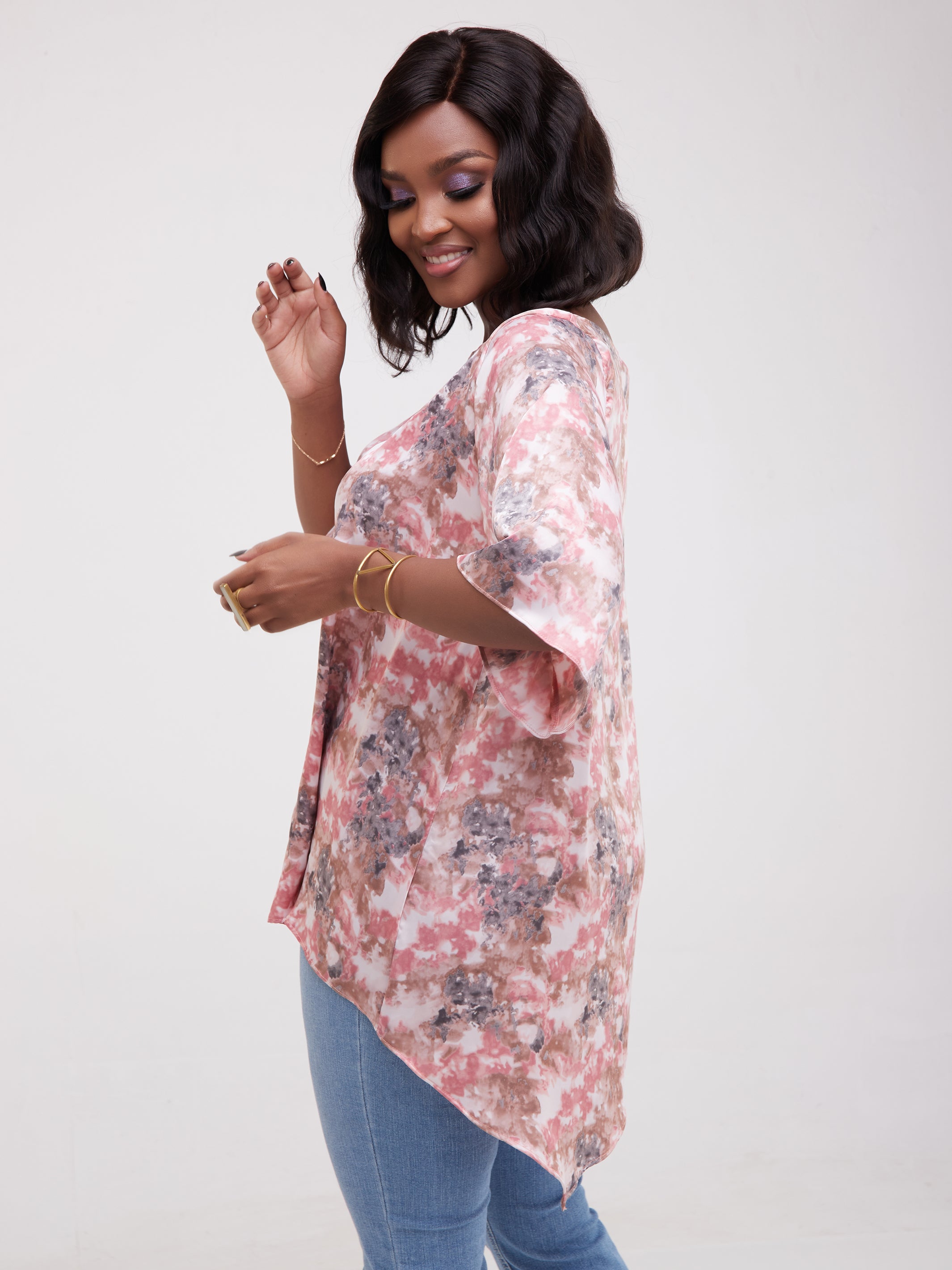 Vivo Asymmetric Angel Satin Top - Pink / Grey Print