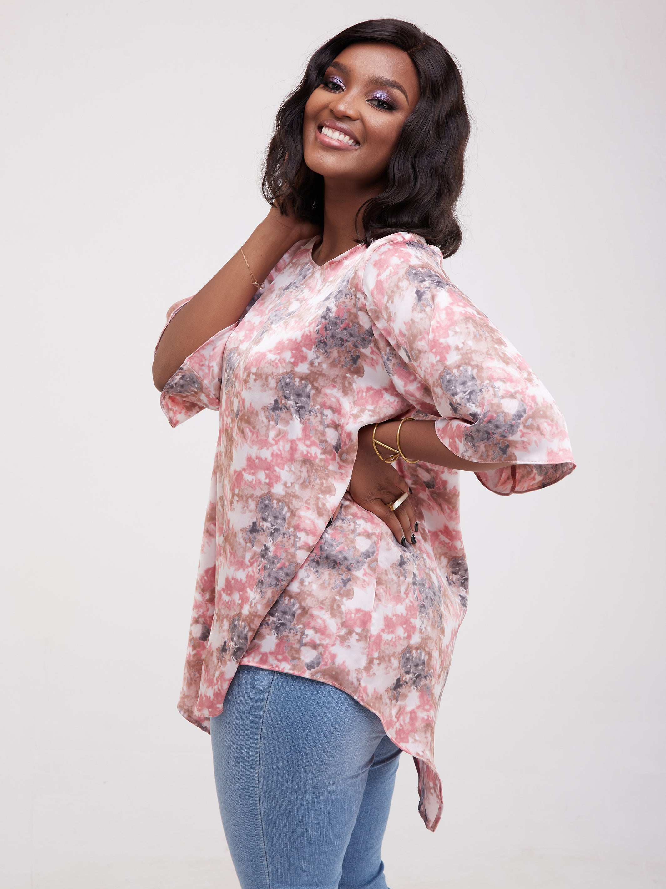 Vivo Asymmetric Angel Satin Top - Pink / Grey Print