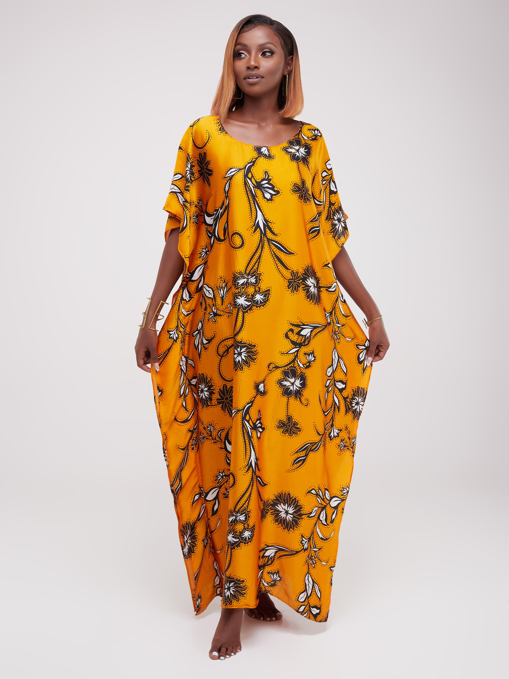 Vivo Satin Maxi Dira Dress - Mustard Floral Print