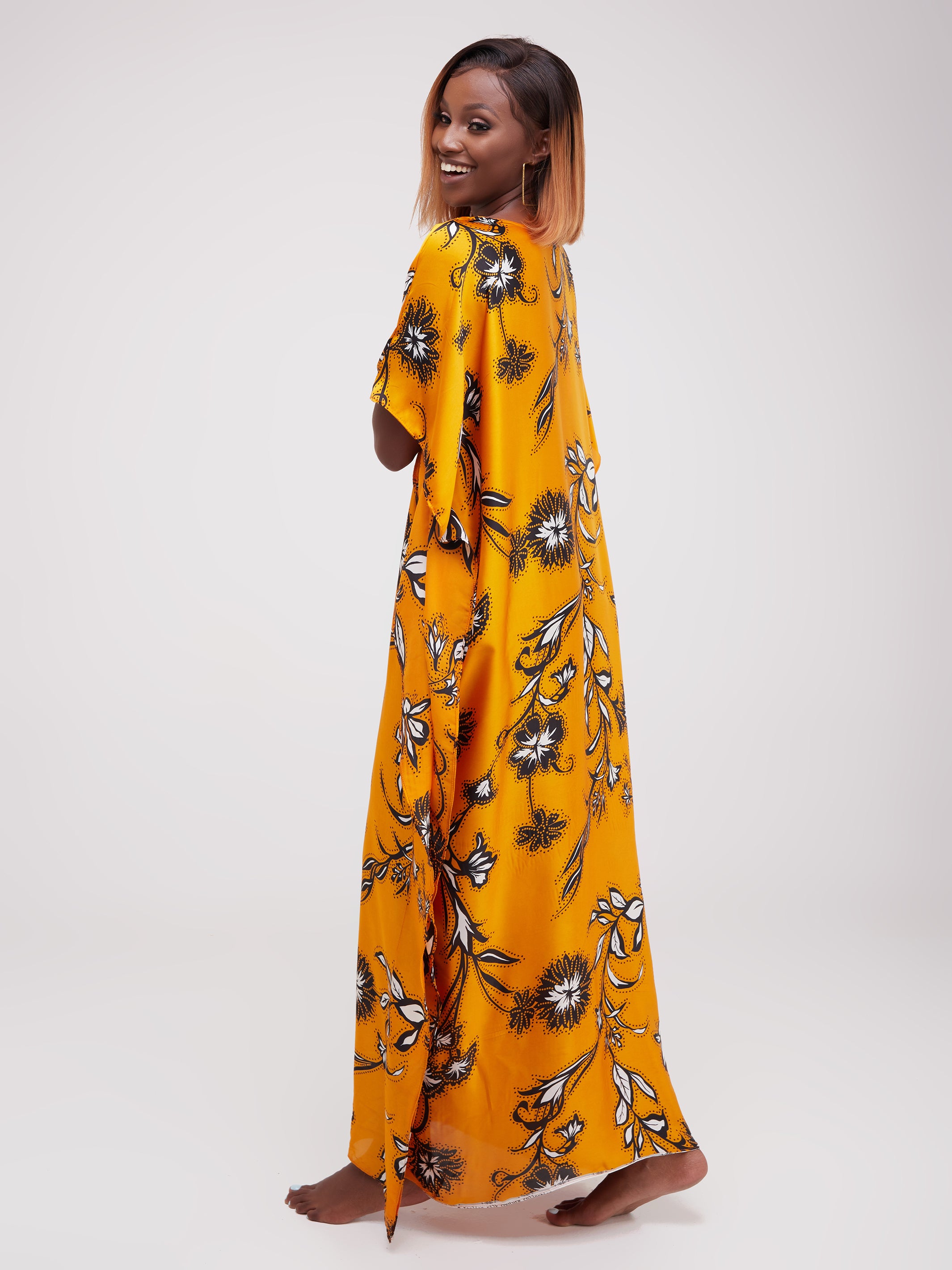 Vivo Satin Maxi Dira Dress - Mustard Floral Print