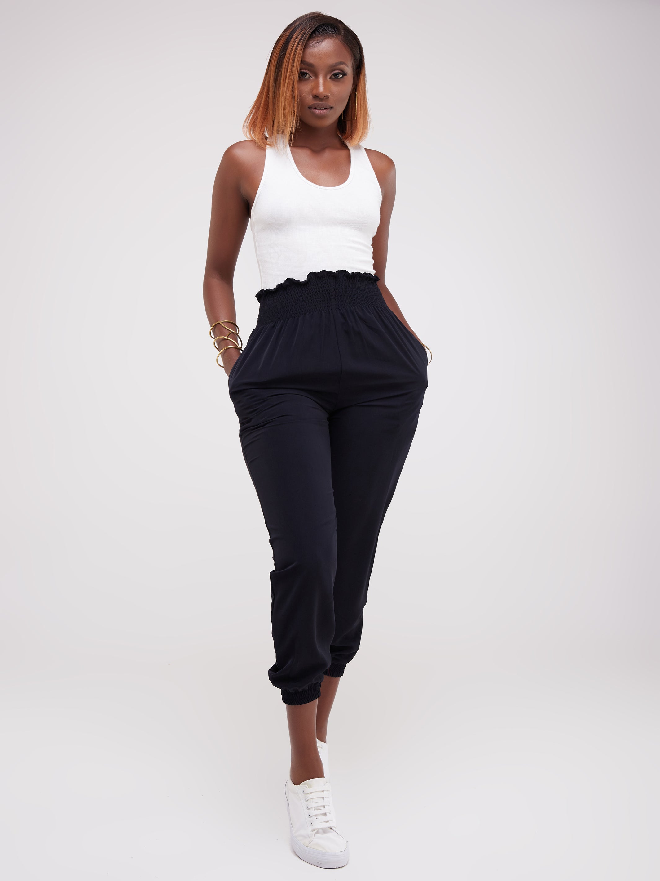 Safari Naima Shirred Waist Jogger Pants - Navy Blue