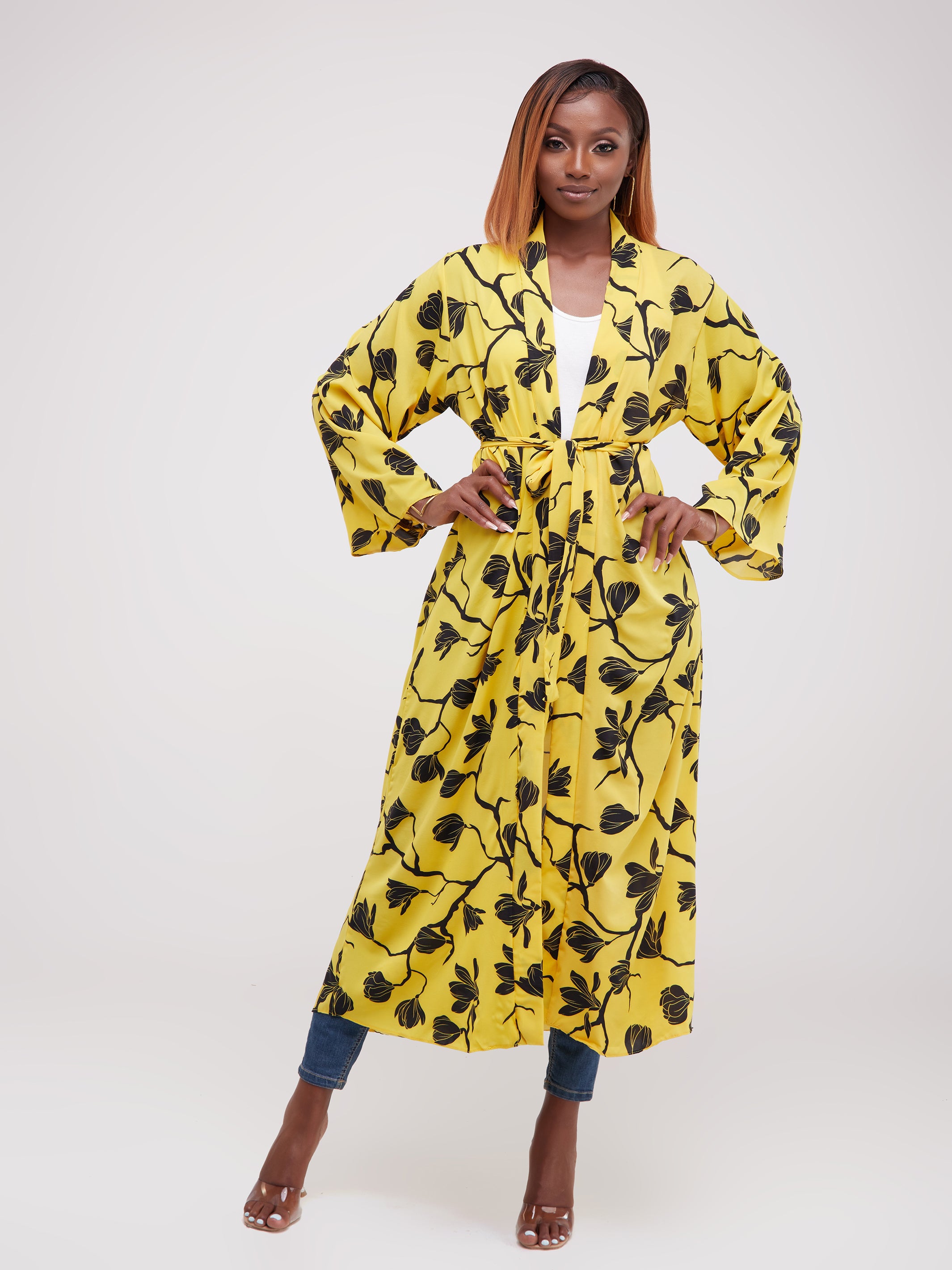 Safari Maisha Long Sleeved Kimono - Yellow Floral Print