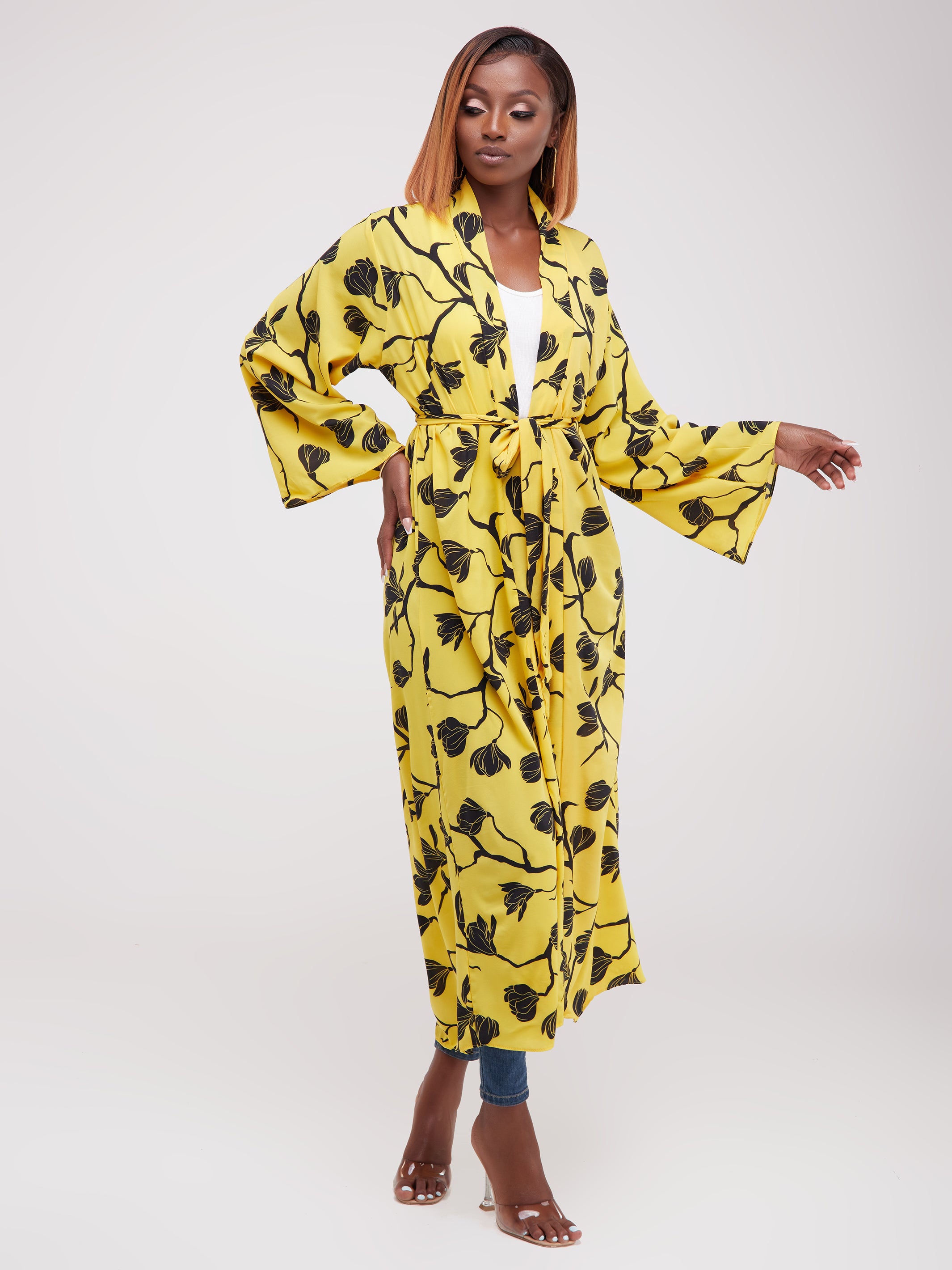 Safari Maisha Long Sleeved Kimono - Yellow Floral Print