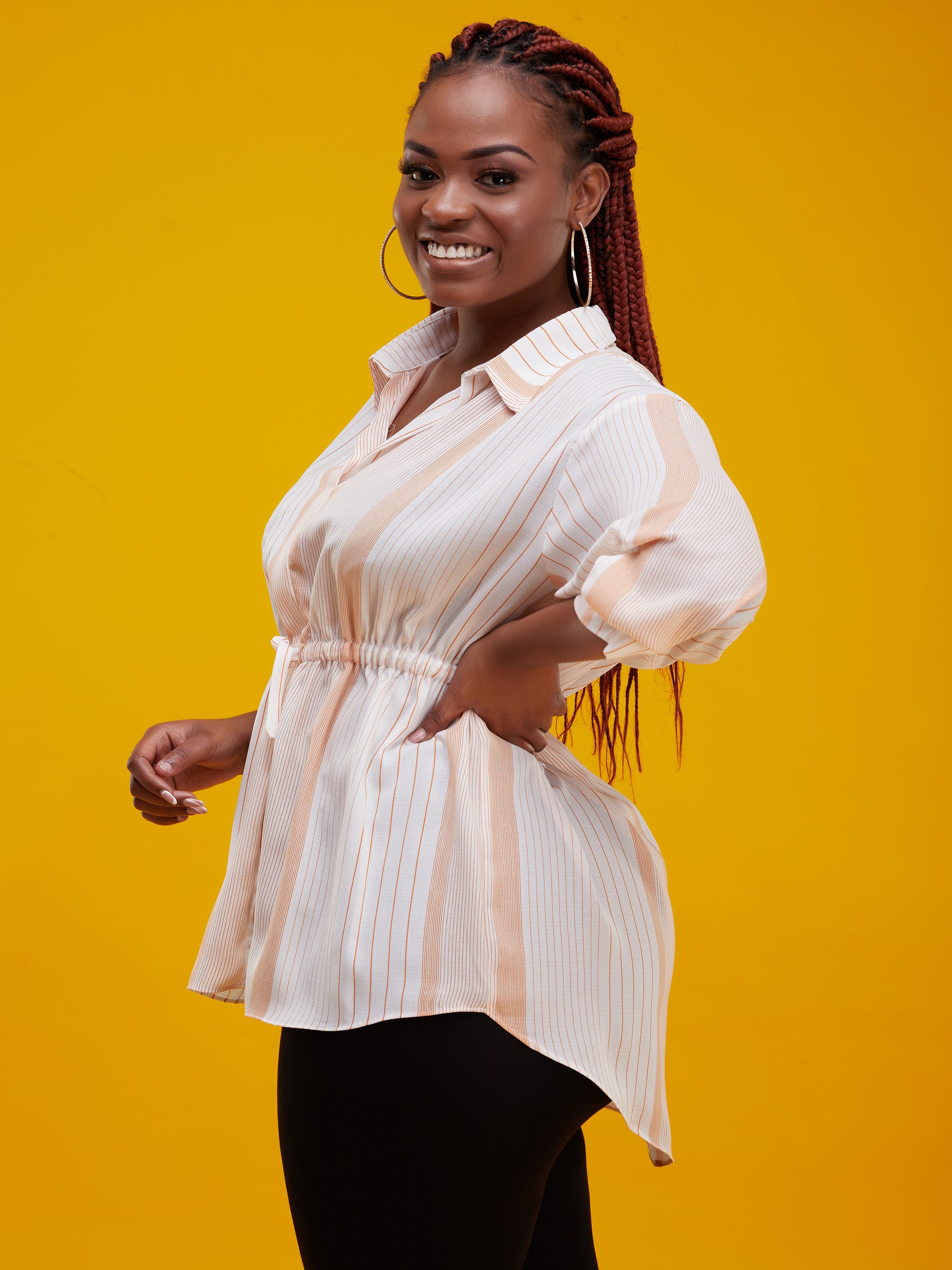 Vivo Lulu 3/4 Sleeve Drawstring Shirt - White / Orange Print