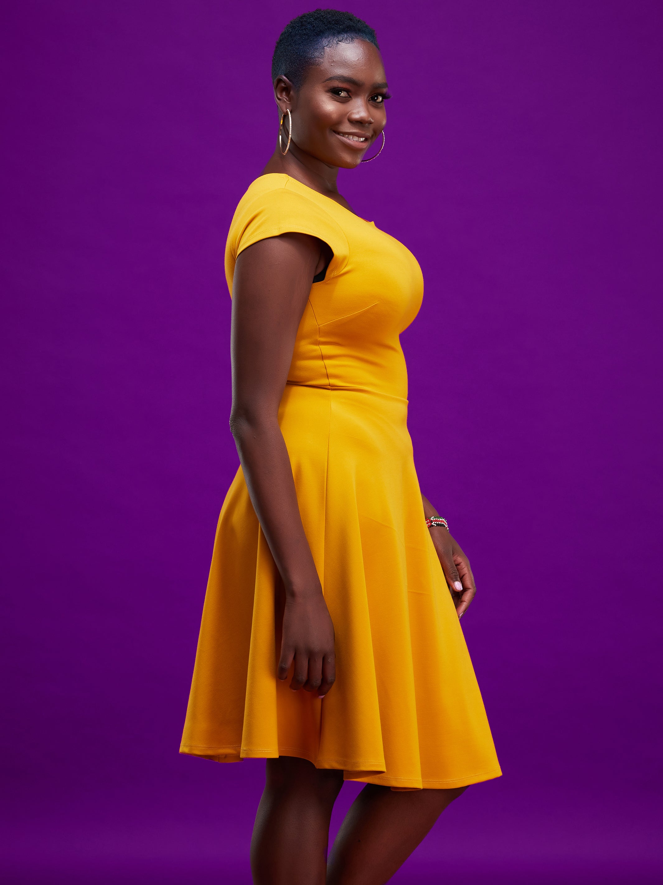 Vivo Basic Cap Sleeved Circular Knee Length Dress - Mustard