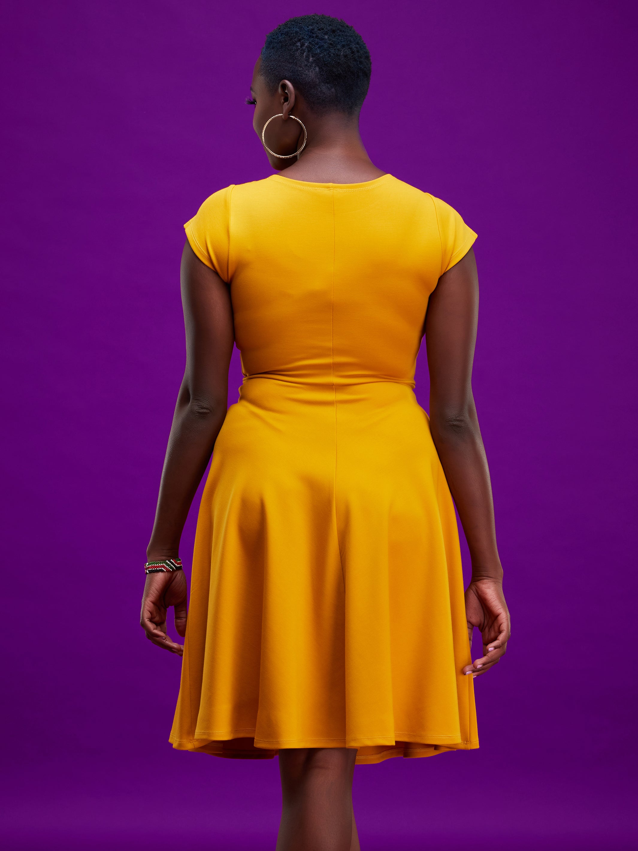 Vivo Basic Cap Sleeved Circular Knee Length Dress - Mustard