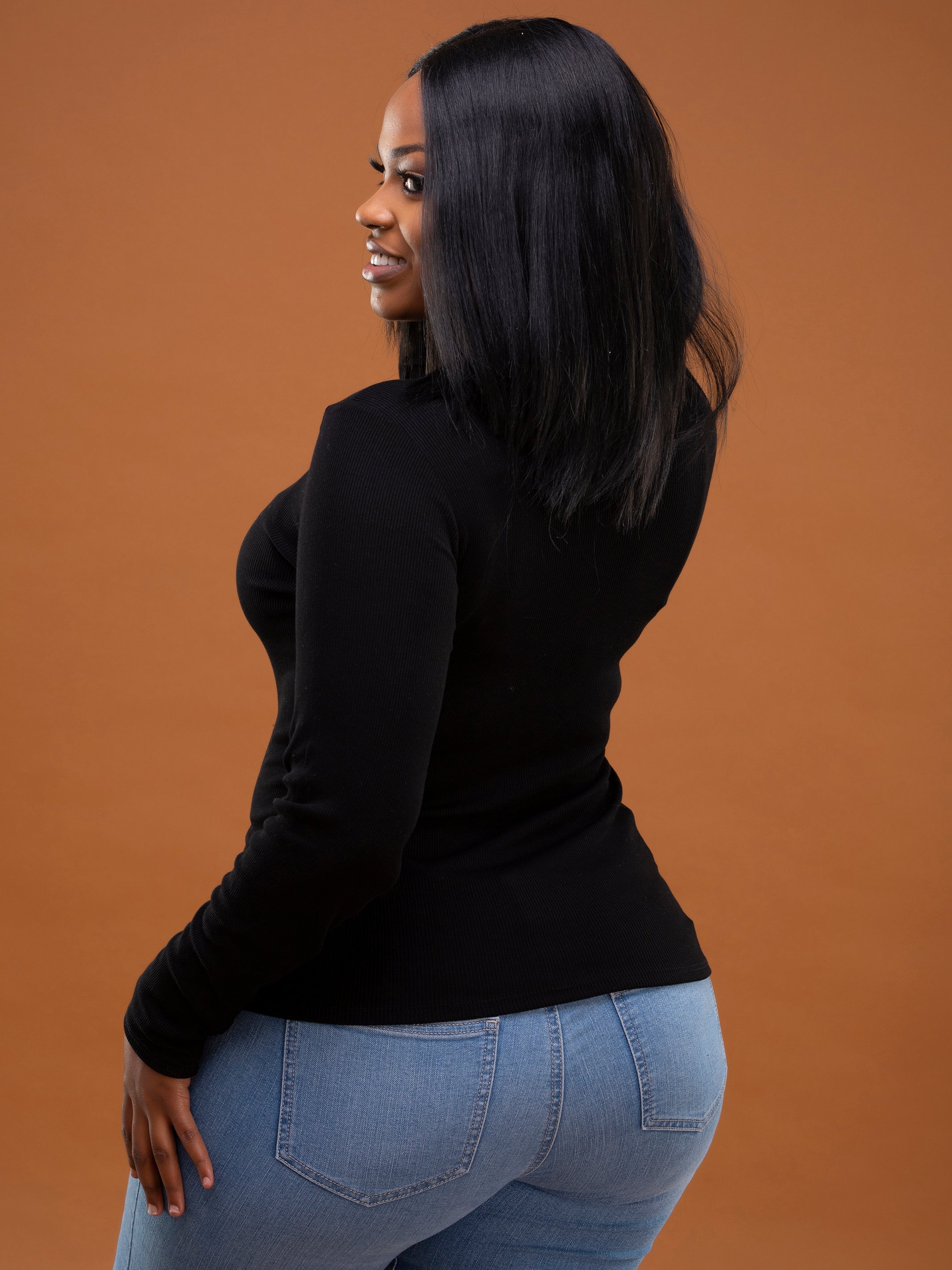 Safari Ribbed Turtleneck Top - Black