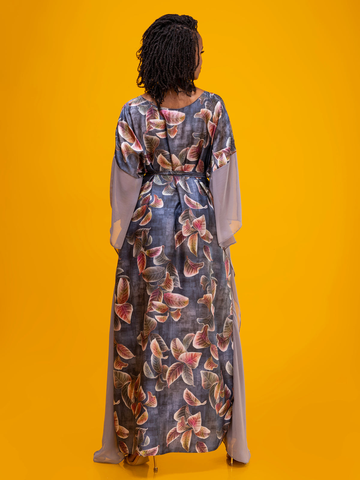 Vivo Knee Length Kaftan in Satin - Dark Purple / Cream Print