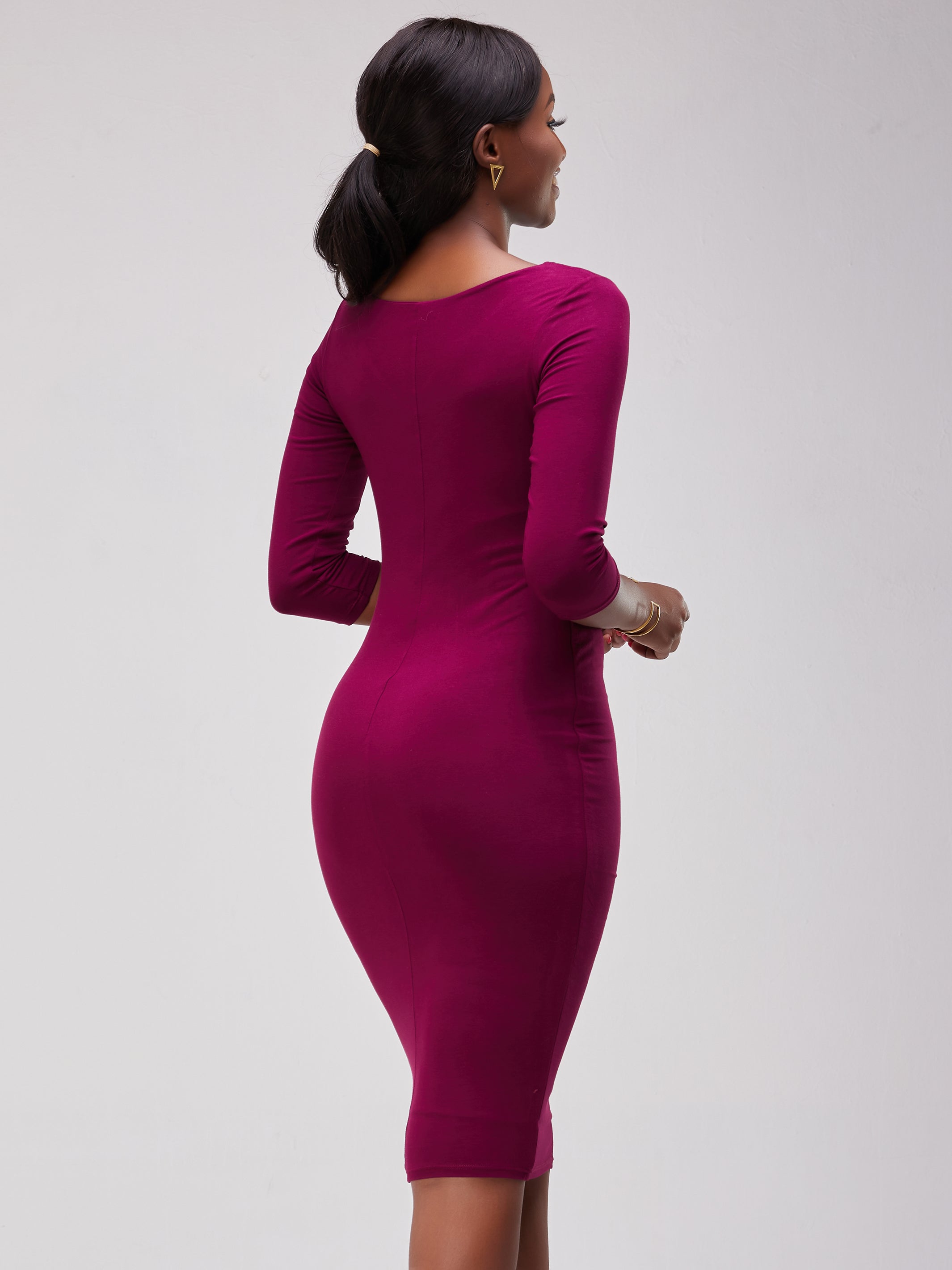 Vivo Basic 3/4 Sleeve Double Layered Bodycon Dress - Burgundy
