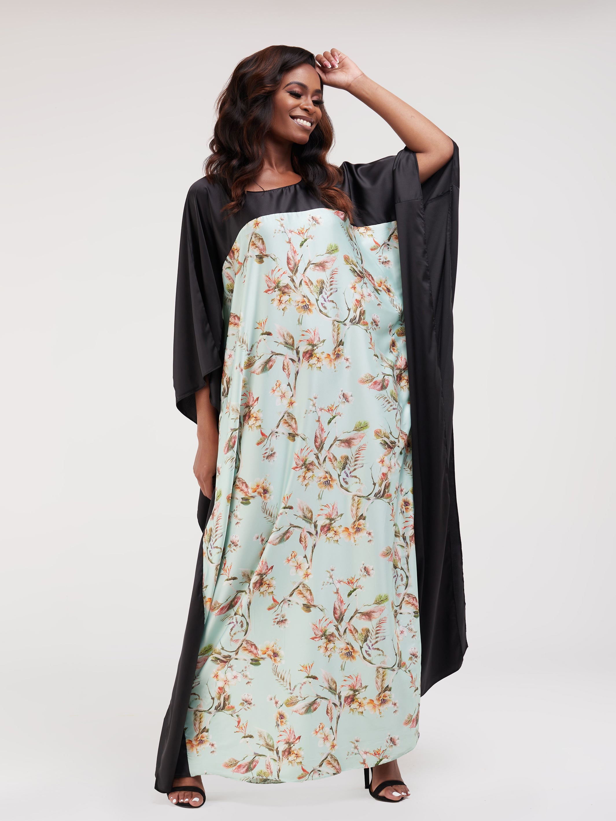 Vivo Watamu Satin Border Maxi Kaftan - Green Floral Print