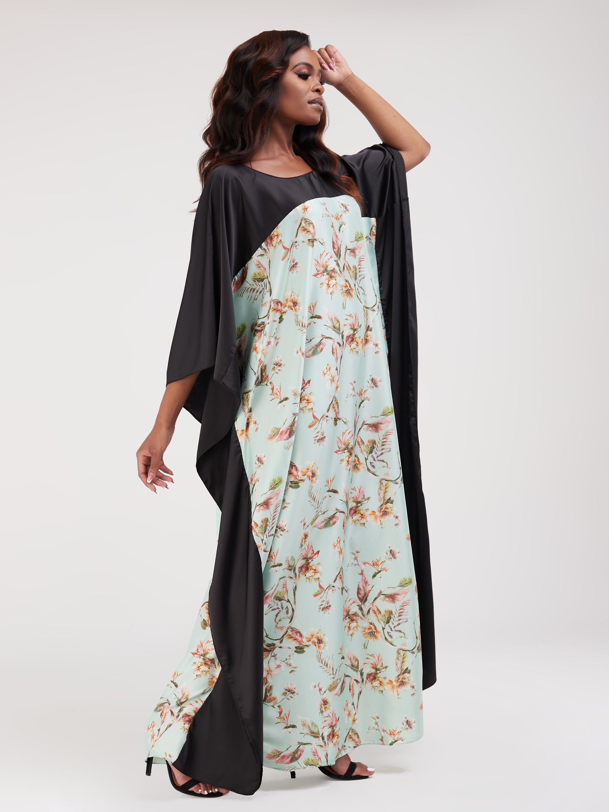 Vivo Watamu Satin Border Maxi Kaftan - Green Floral Print