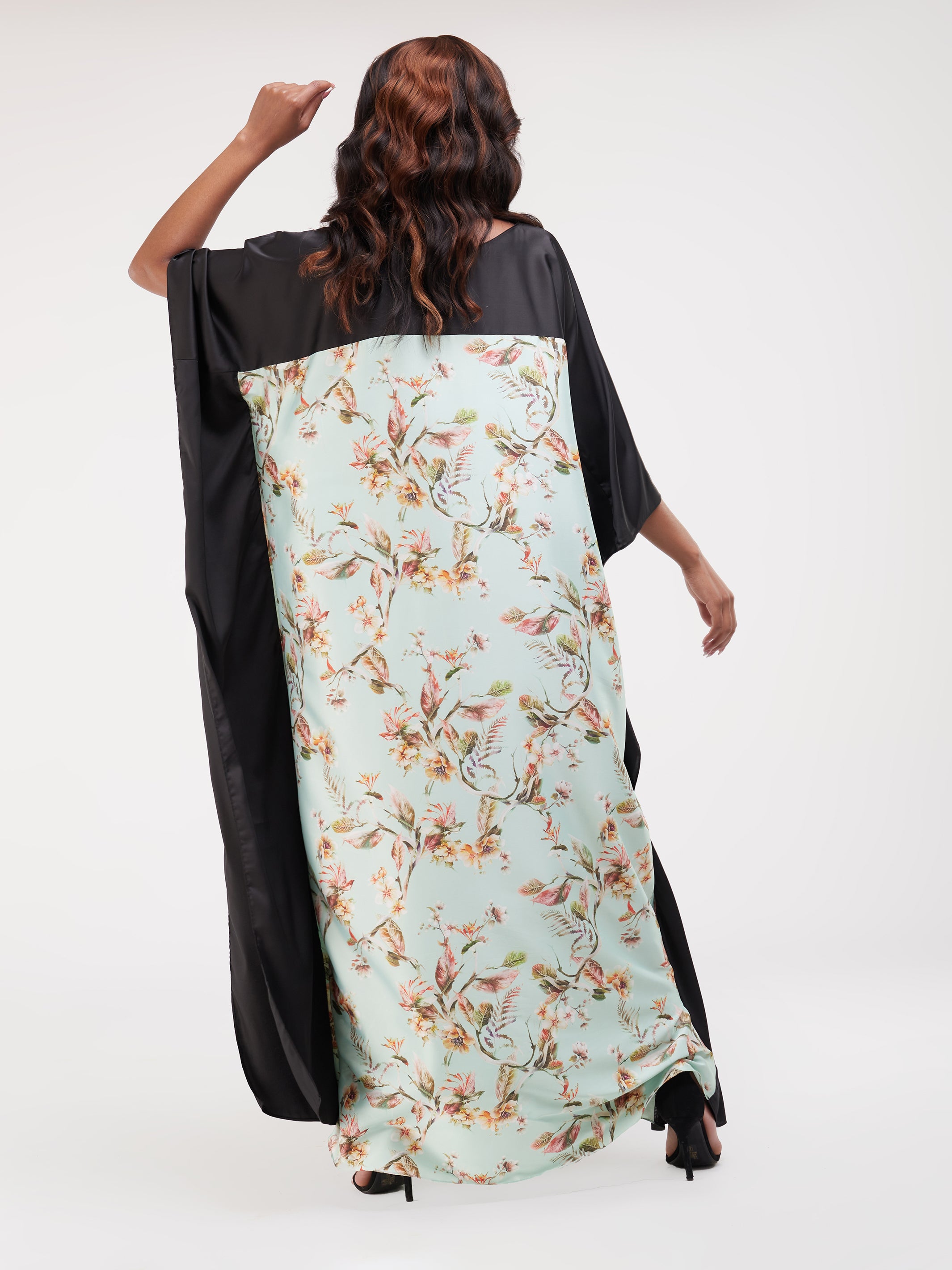 Vivo Watamu Satin Border Maxi Kaftan - Green Floral Print