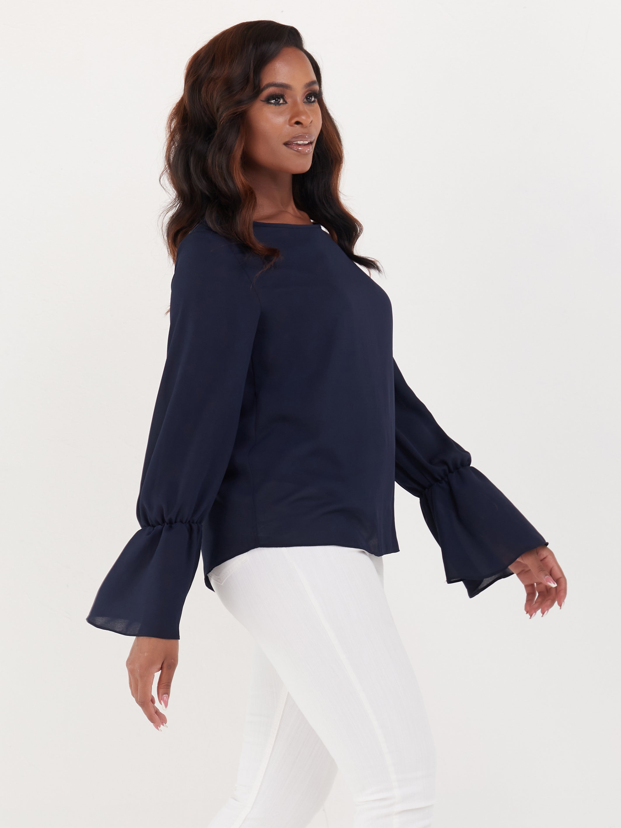 Vivo Long Sleeved Tamari Gathered Top - Navy Blue