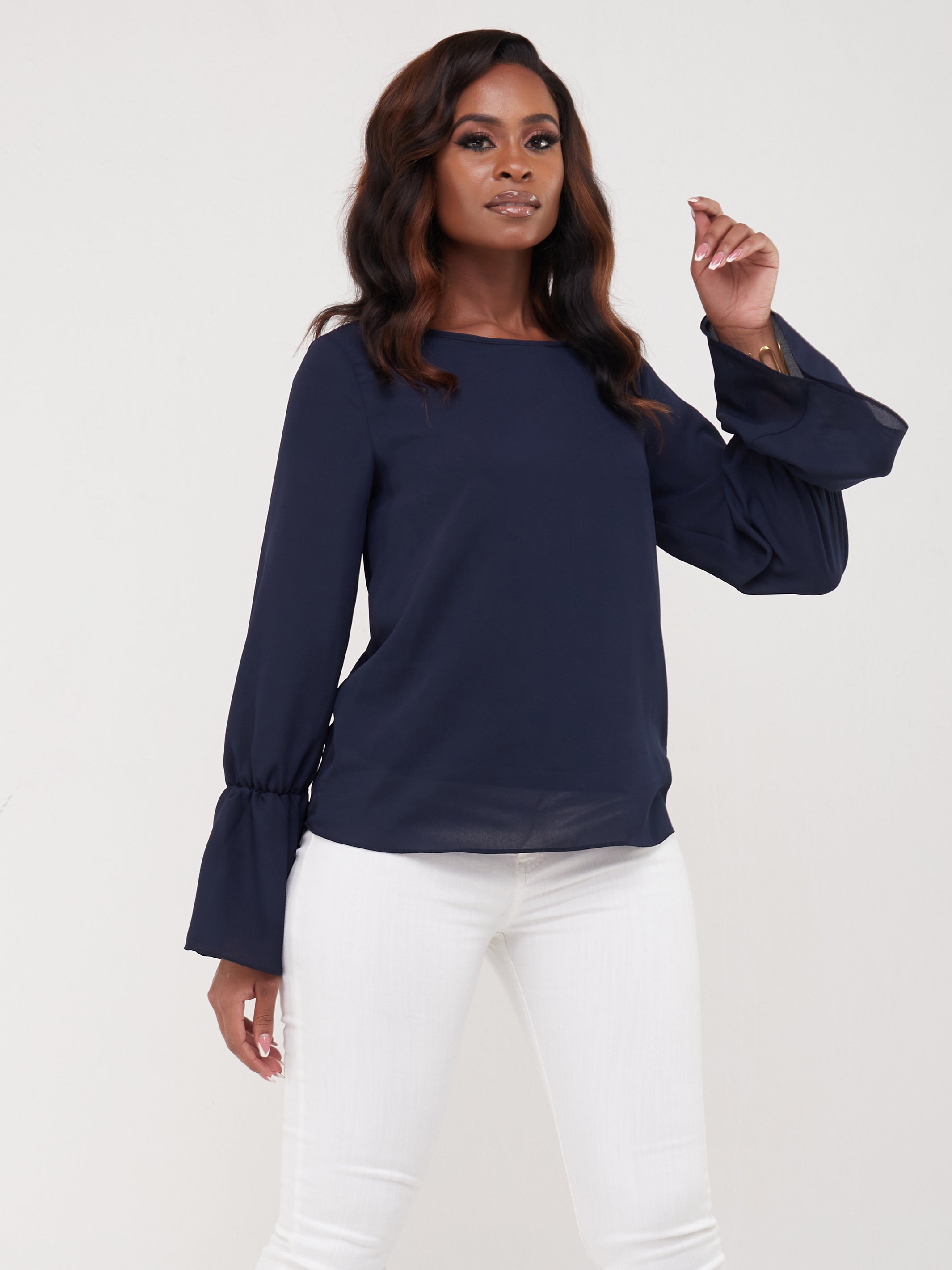 Vivo Long Sleeved Tamari Gathered Top - Navy Blue