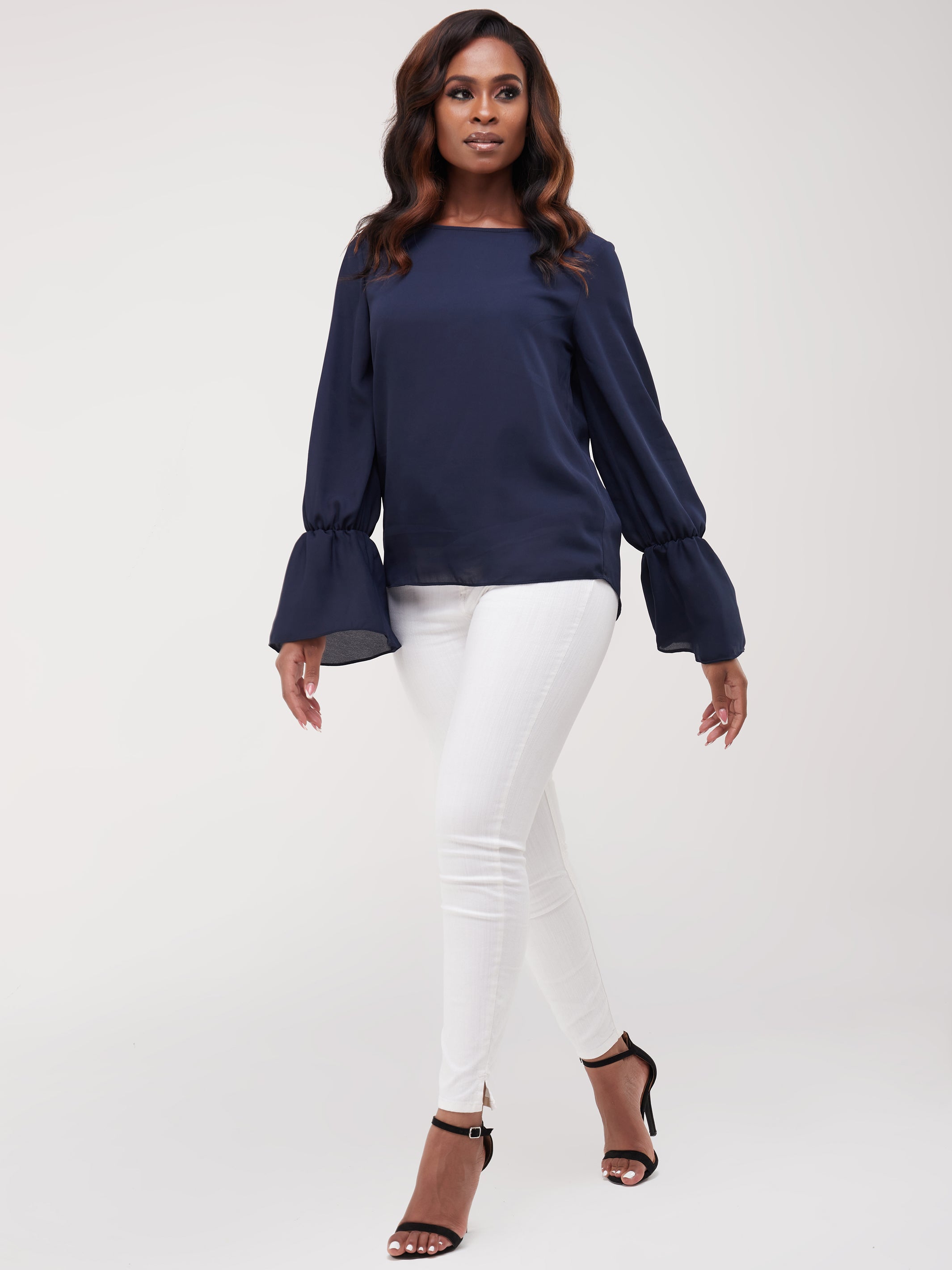Vivo Long Sleeved Tamari Gathered Top - Navy Blue
