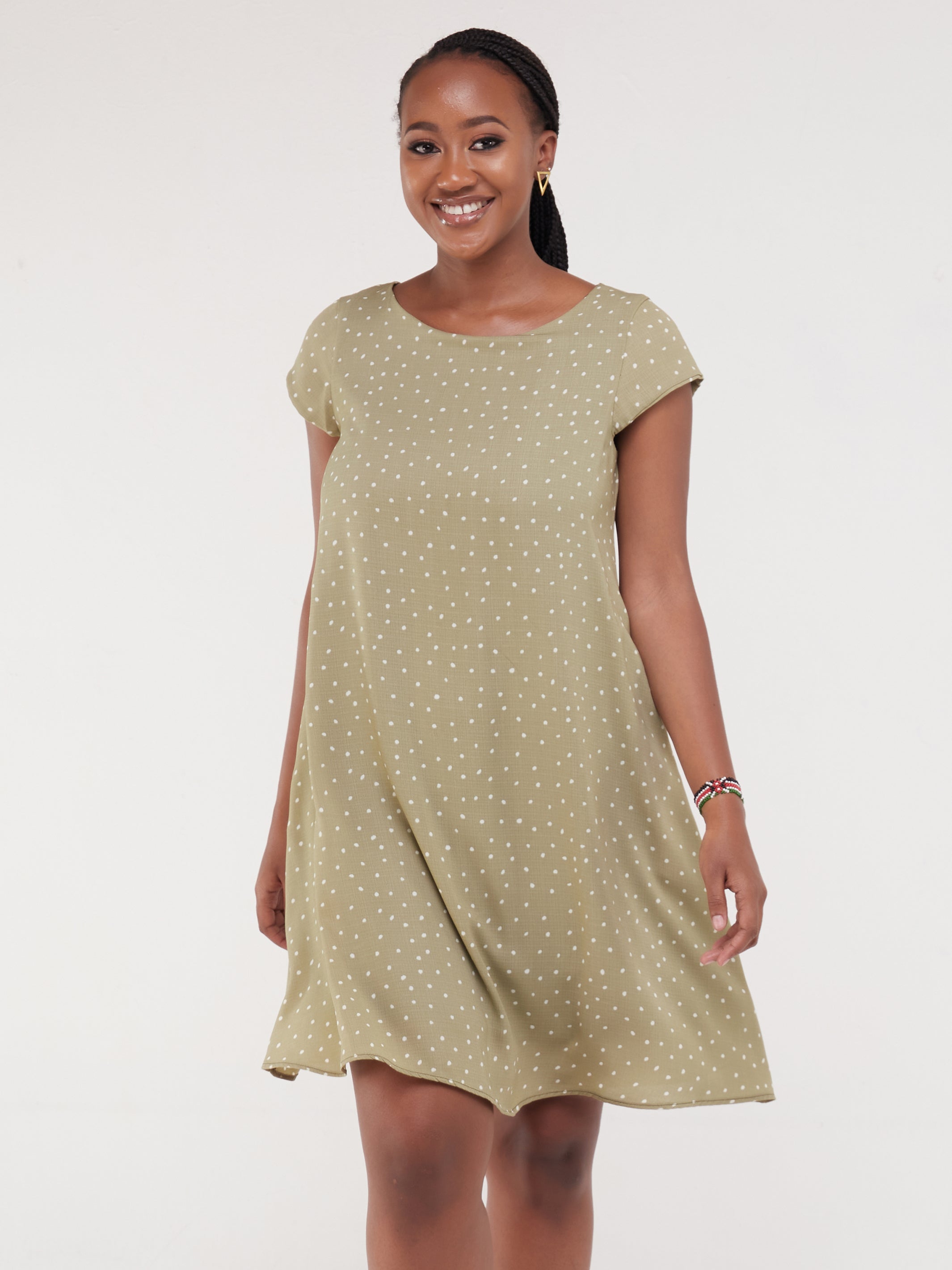 Vivo Basic Cap Sleeve Knee Length Tent Dress - Green / White Polka Print