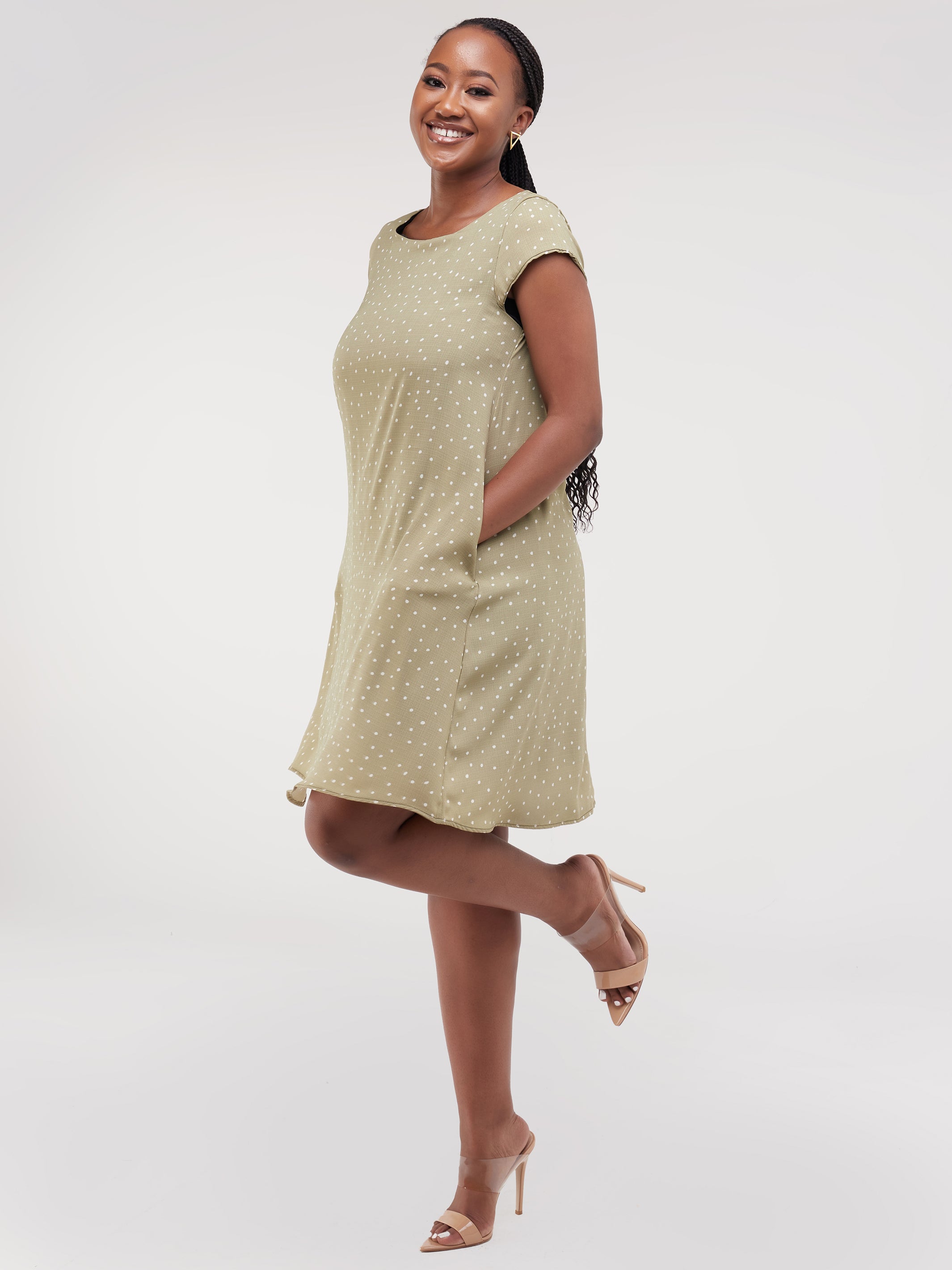Vivo Basic Cap Sleeve Knee Length Tent Dress - Green / White Polka Print