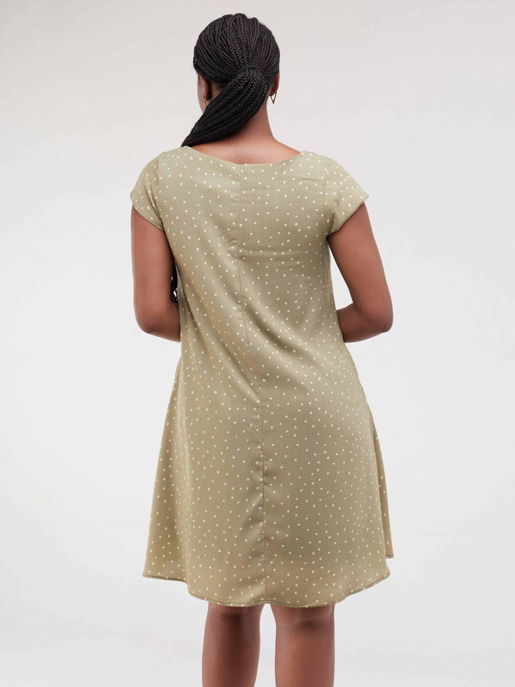 Vivo Basic Cap Sleeve Knee Length Tent Dress - Green / White Polka Print