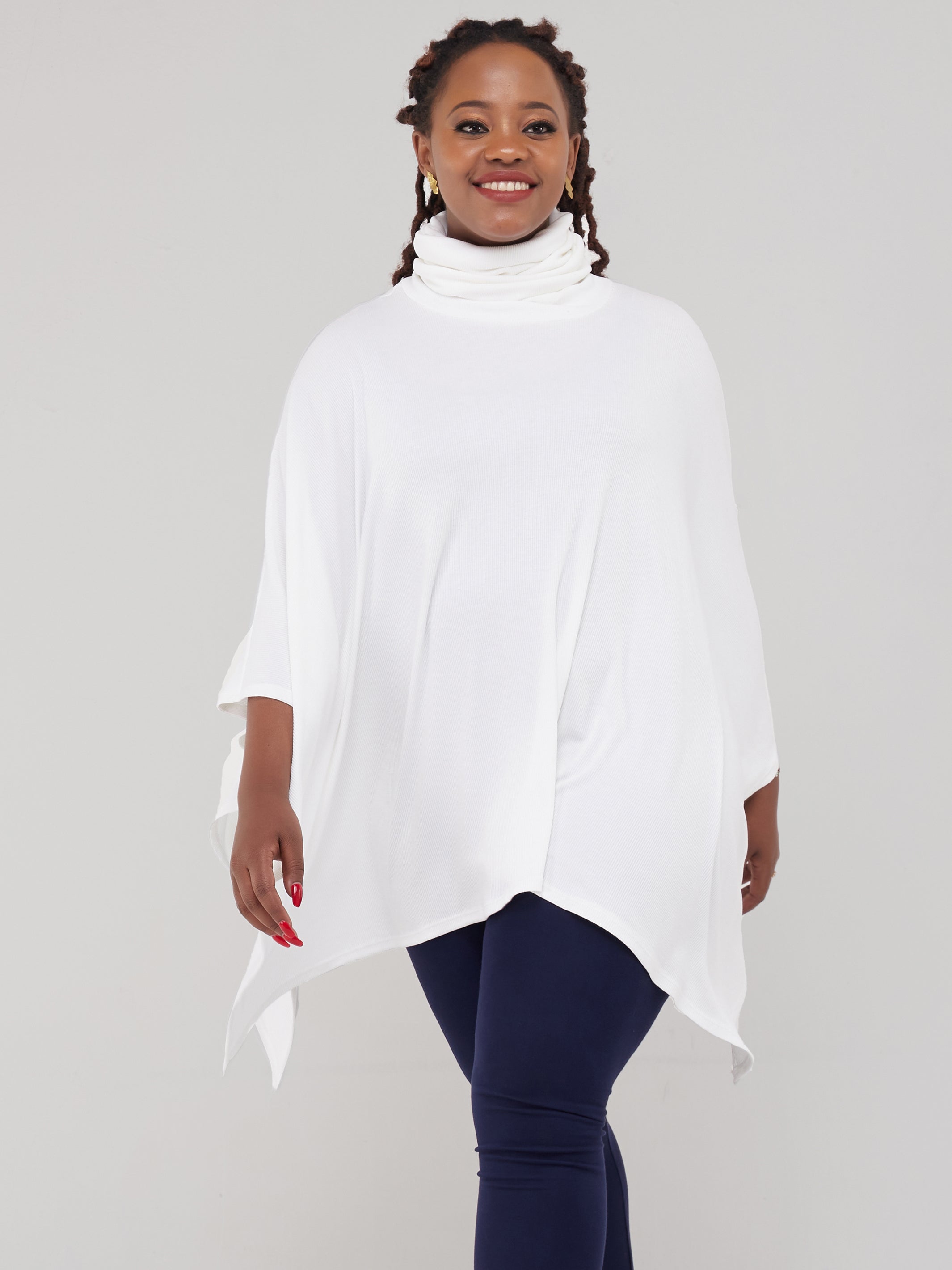 Vivo Basic Turtle Neck Ribbed Poncho - White