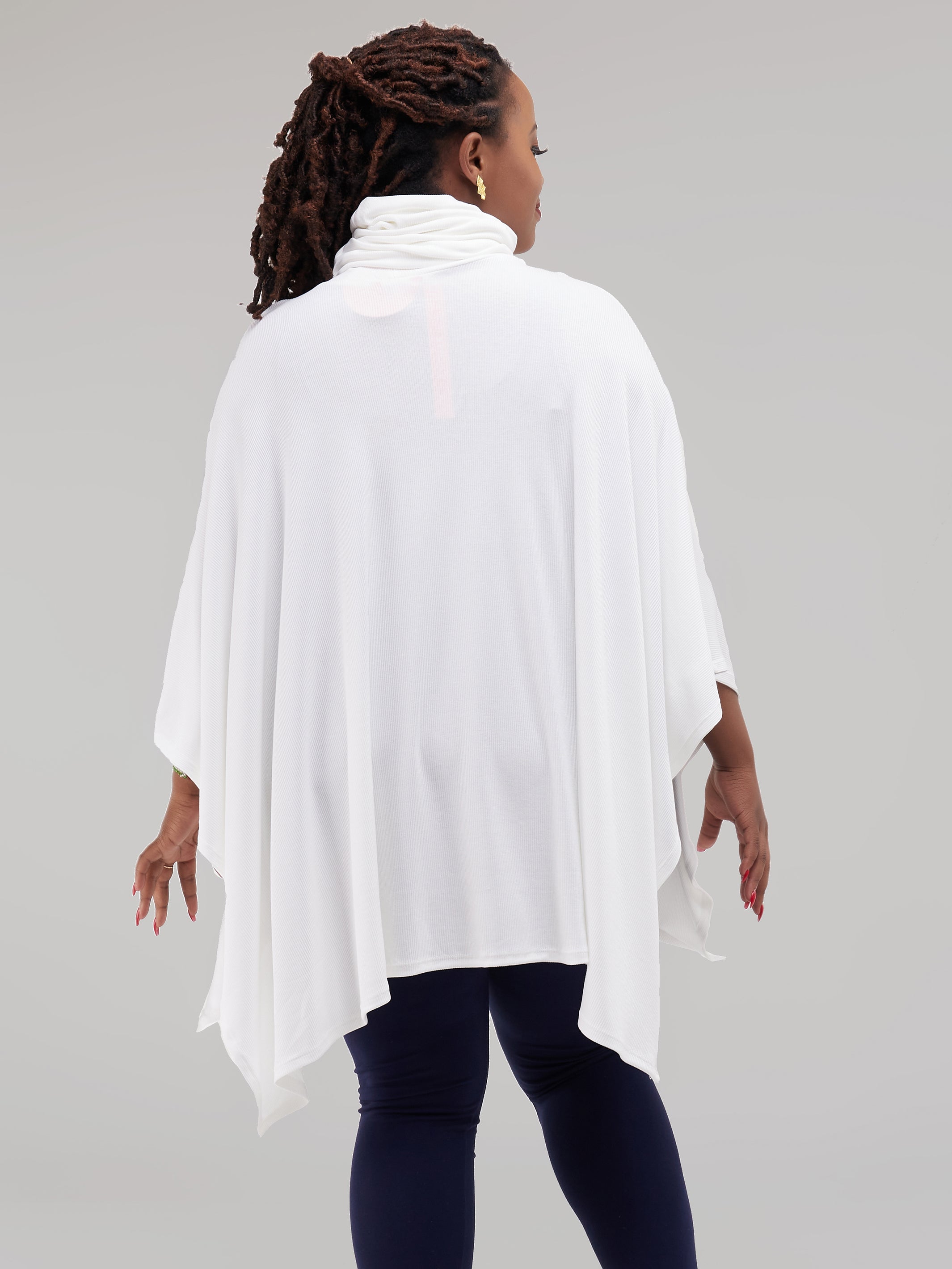 Vivo Basic Turtle Neck Ribbed Poncho - White