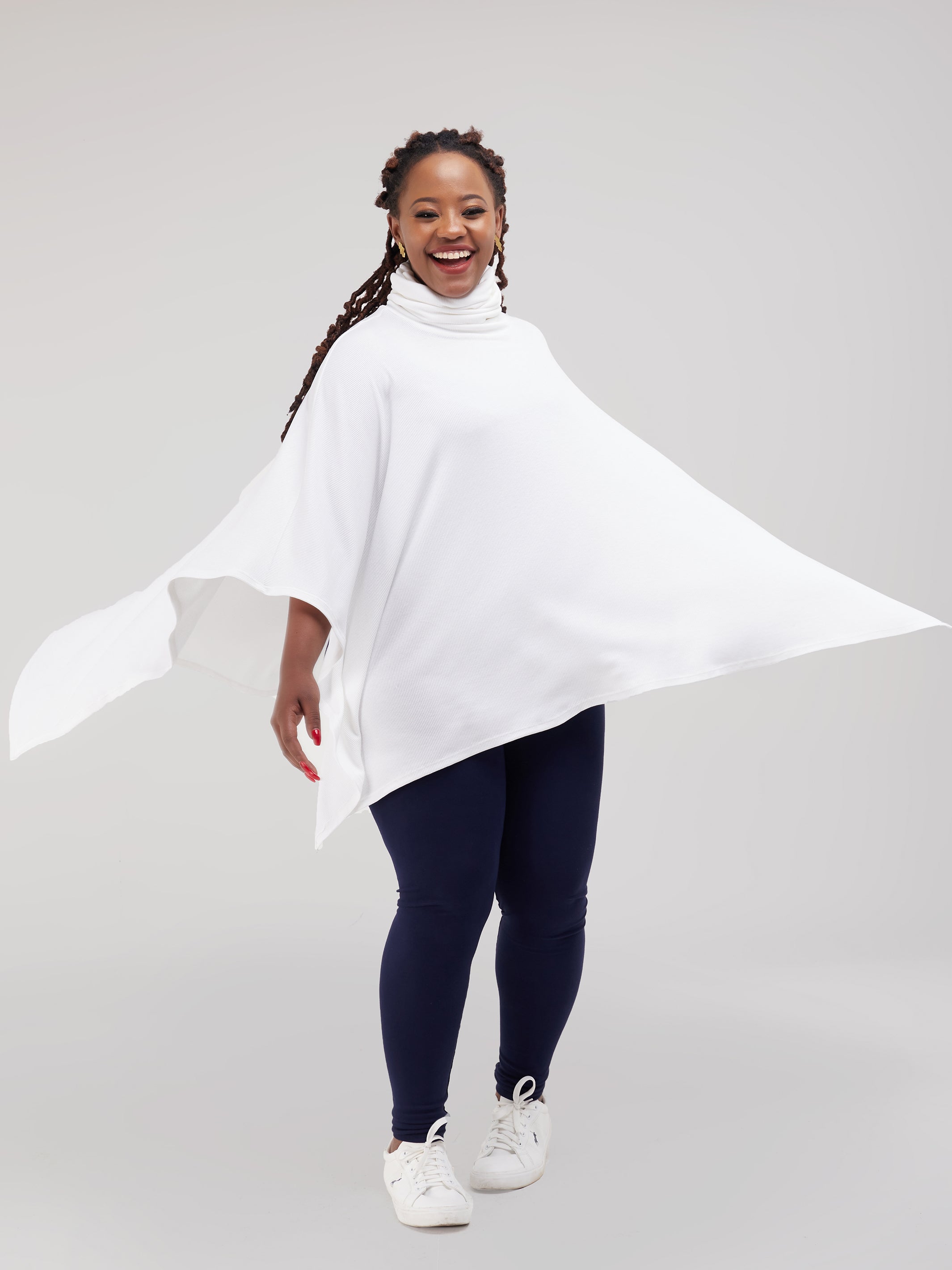 Vivo Basic Turtle Neck Ribbed Poncho - White