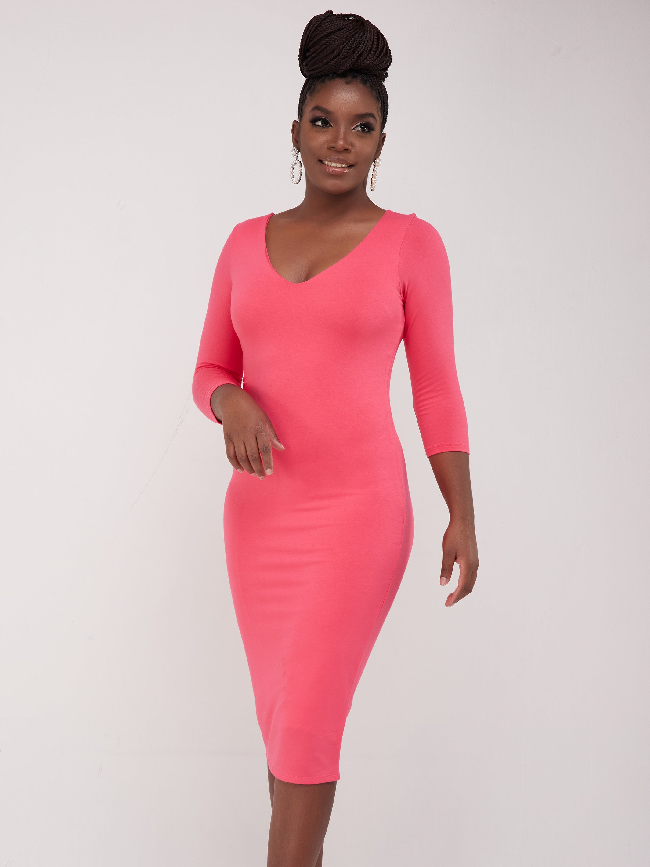Vivo Basic 3/4 Sleeve Double Layered Bodycon Dress - Coral