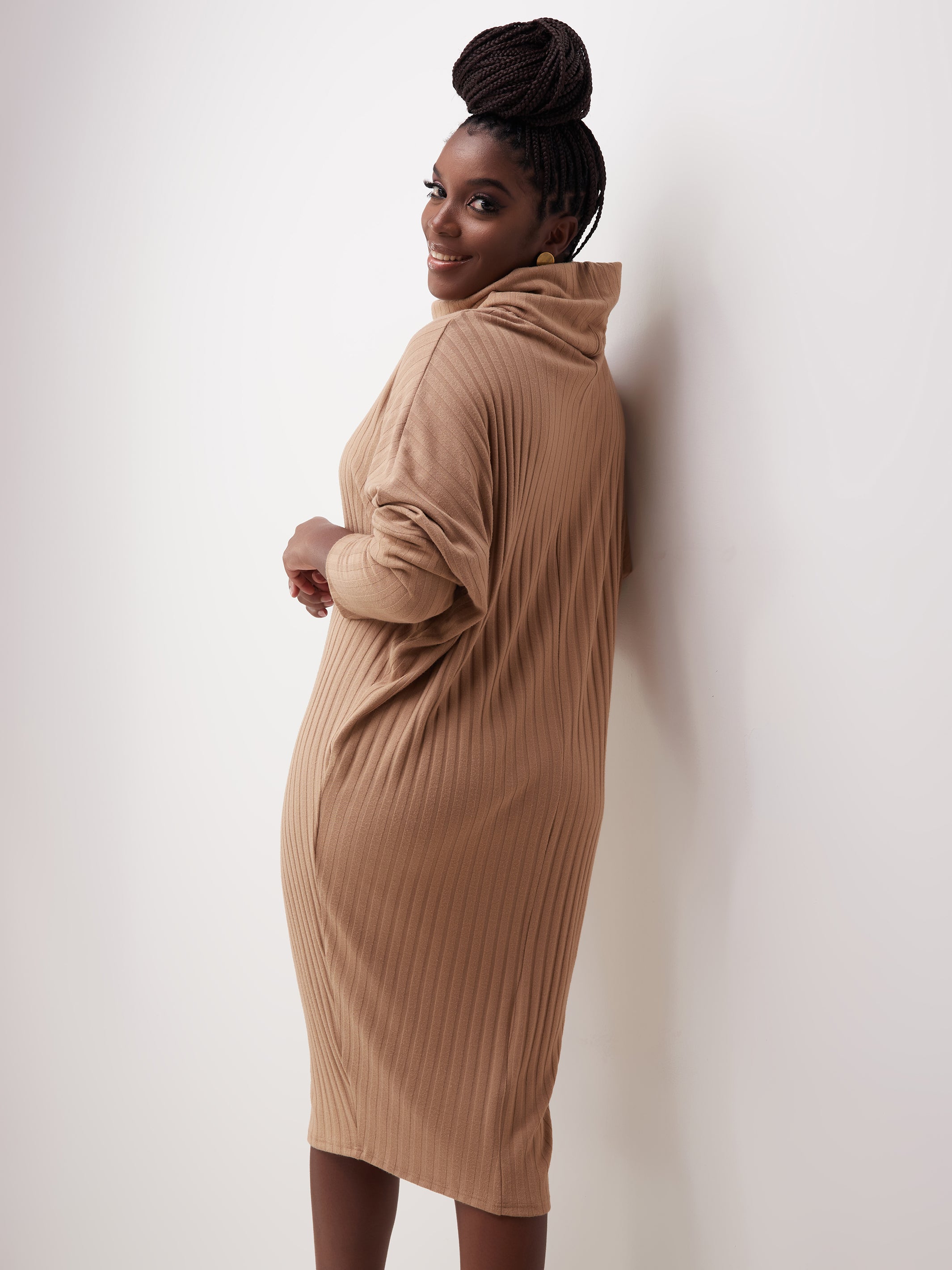 Safari Basic Dolman Cowl Sweater Dress - Taupe