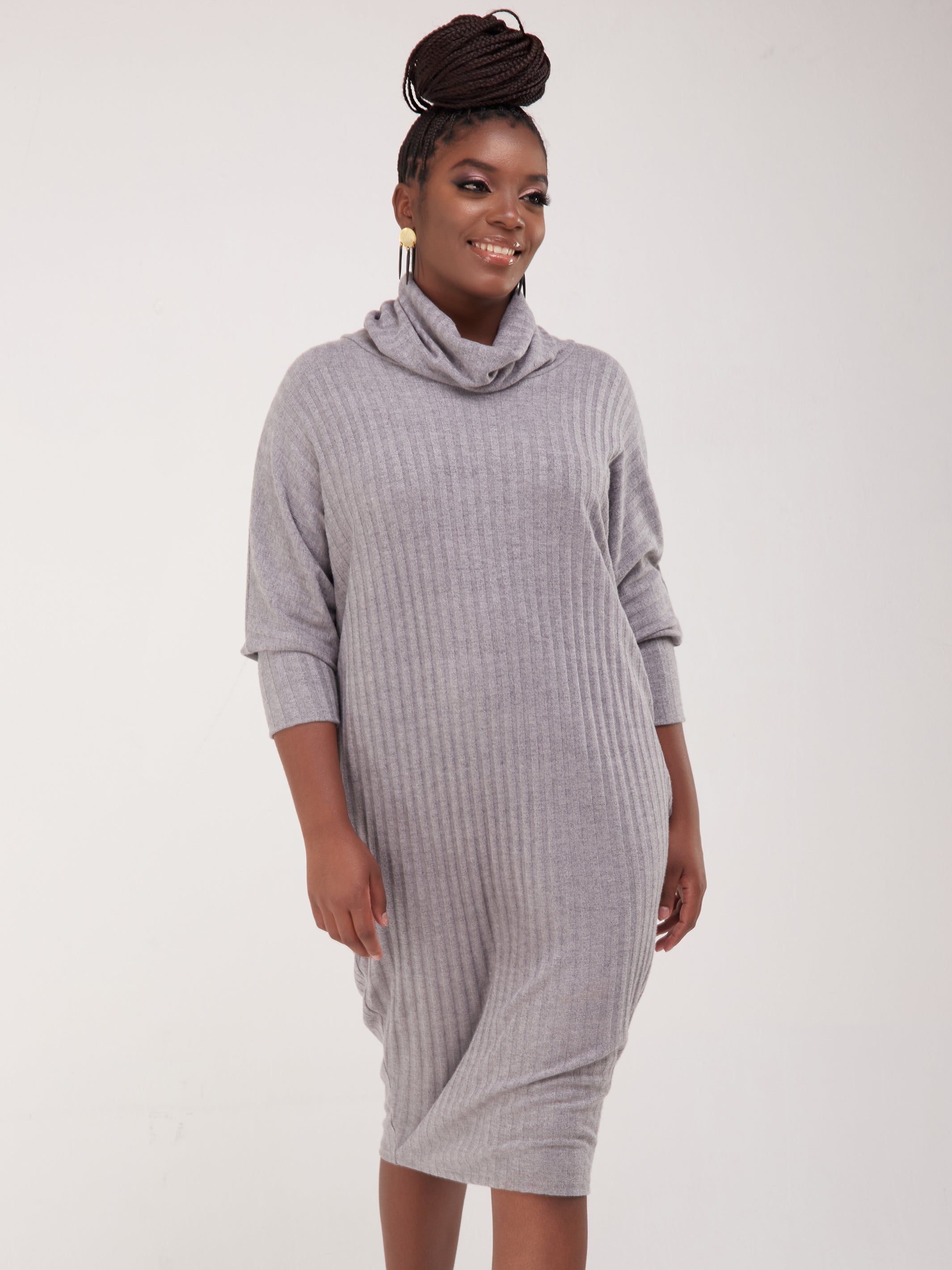 Safari Basic Dolman Cowl Sweater Dress - Grey