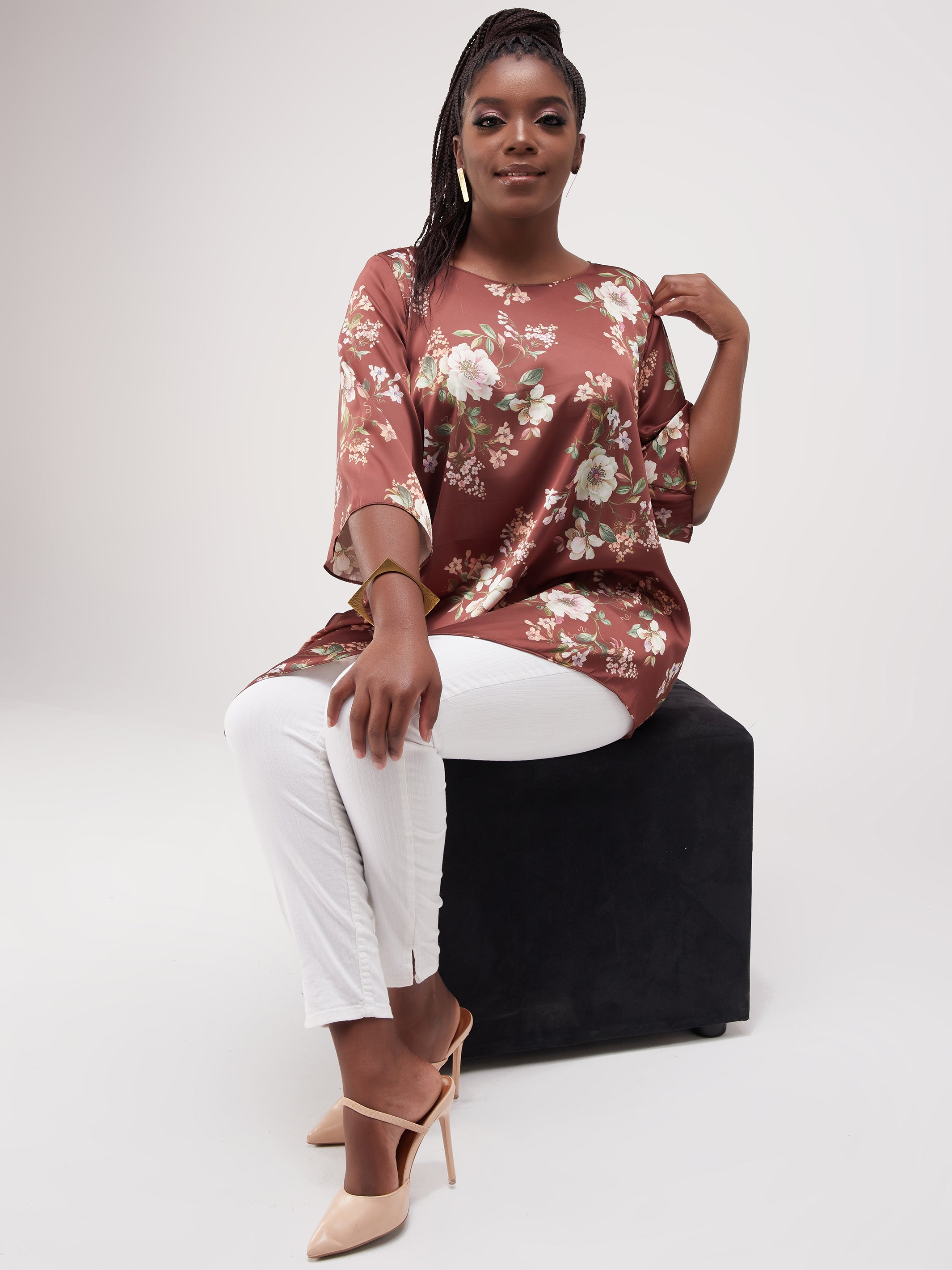 Vivo Asymmetric Angel Satin Top - Brown / Pink Print