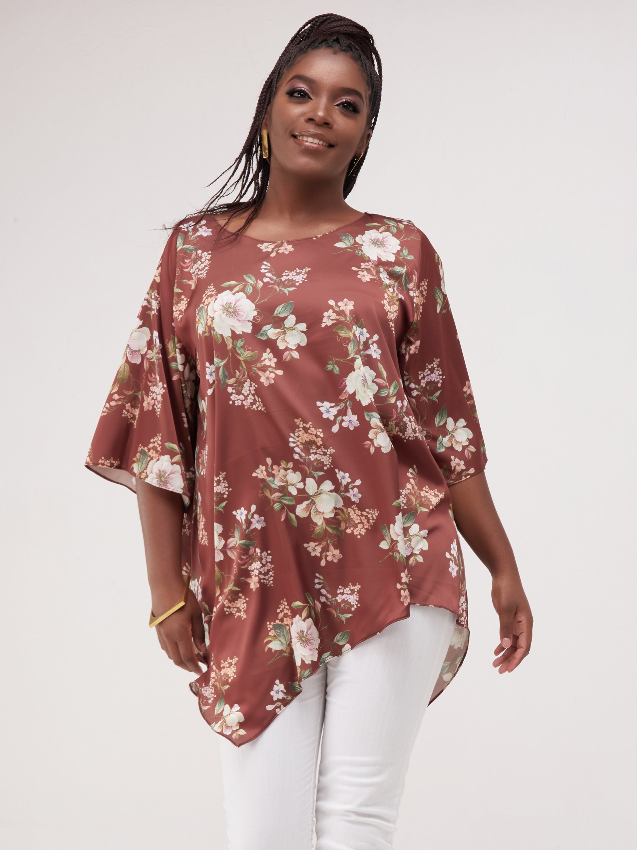 Vivo Asymmetric Angel Satin Top - Brown / Pink Print