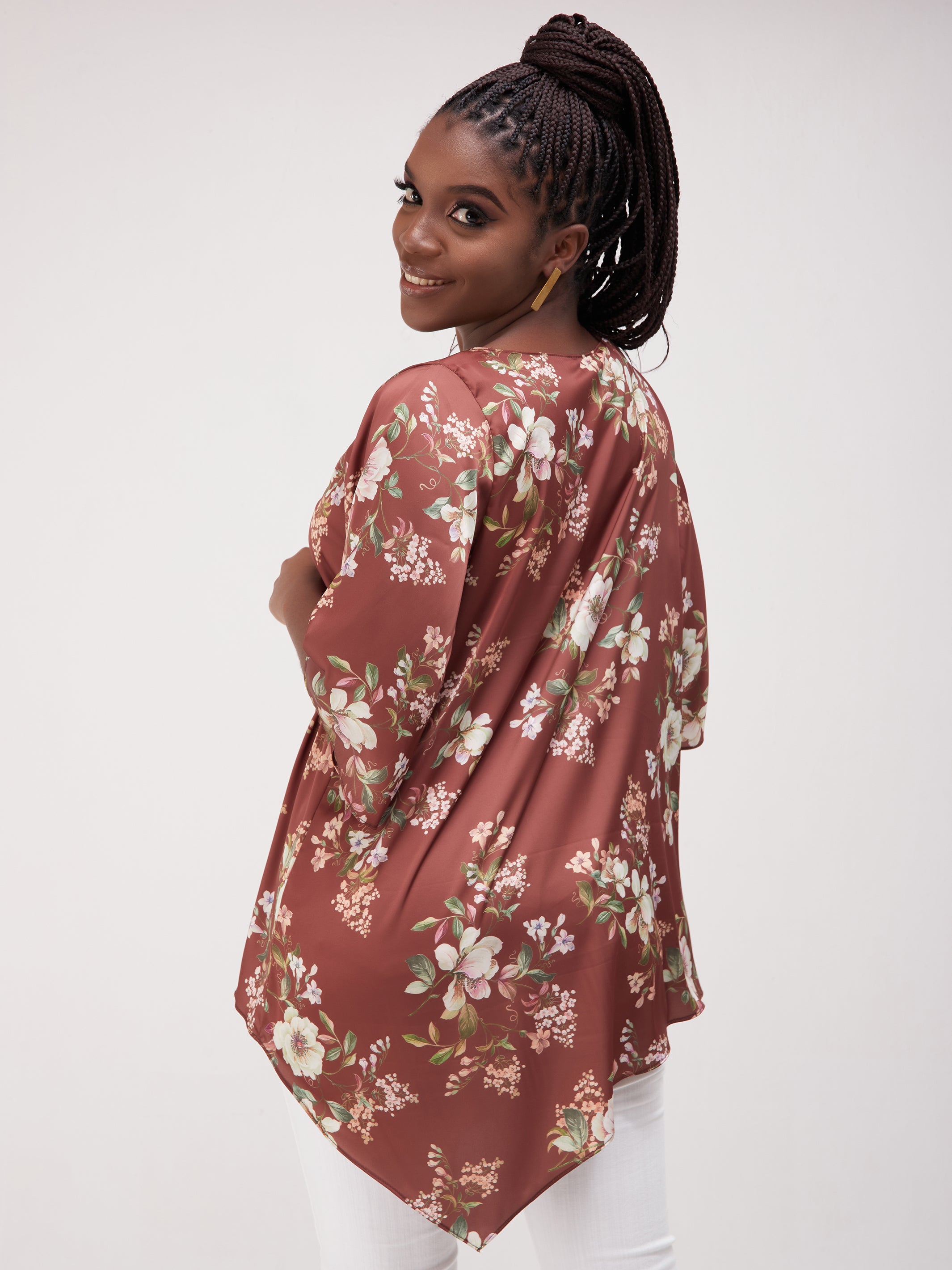 Vivo Asymmetric Angel Satin Top - Brown / Pink Print