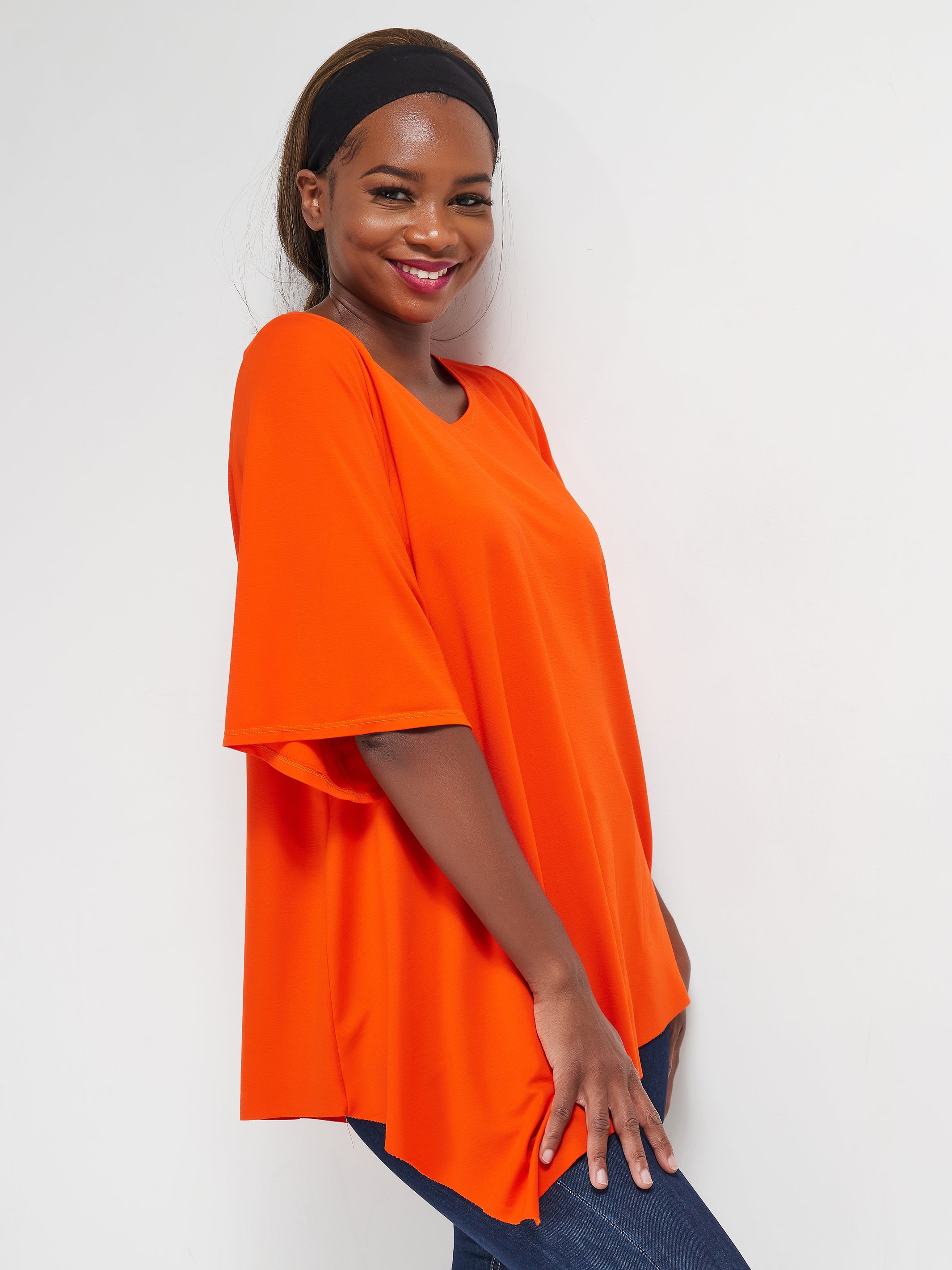 Vivo Basic Asymmetrical Angel Sleeve Top - Orange