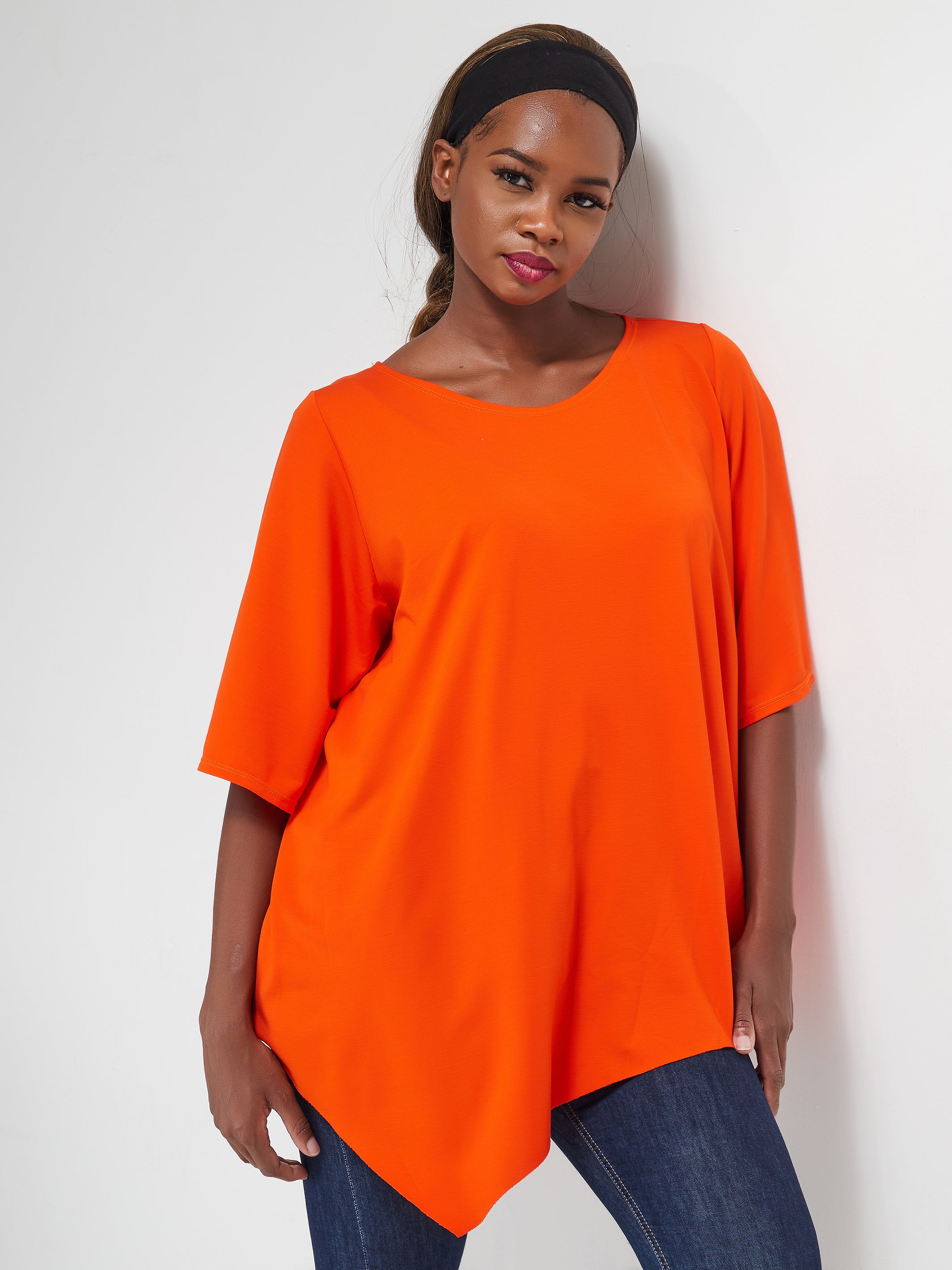 Vivo Basic Asymmetrical Angel Sleeve Top - Orange
