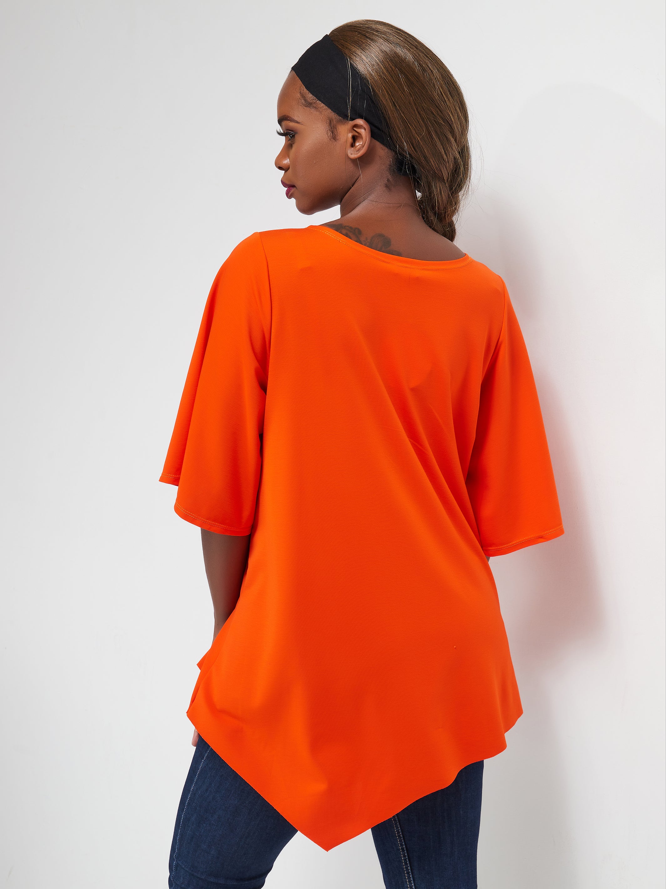 Vivo Basic Asymmetrical Angel Sleeve Top - Orange