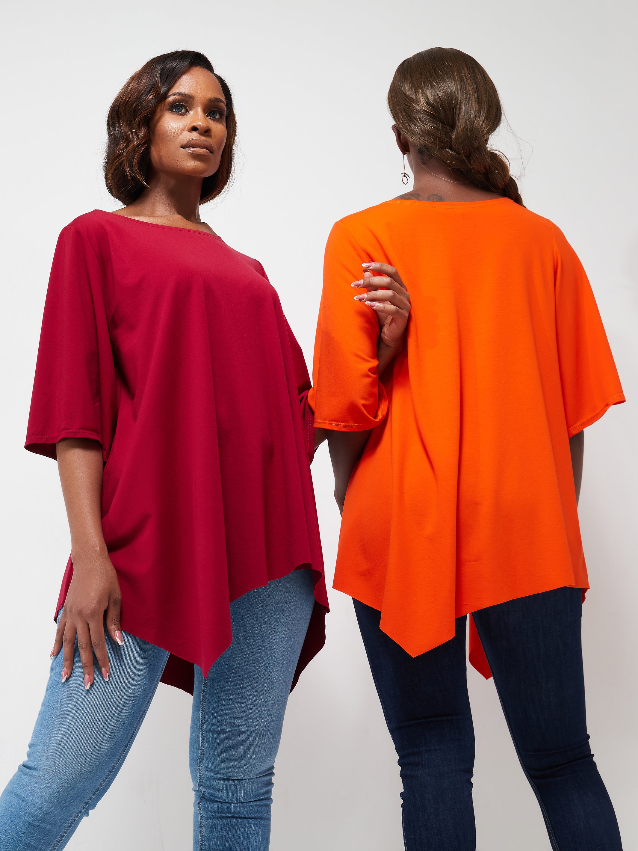 Vivo Basic Asymmetrical Angel Sleeve Top - Orange