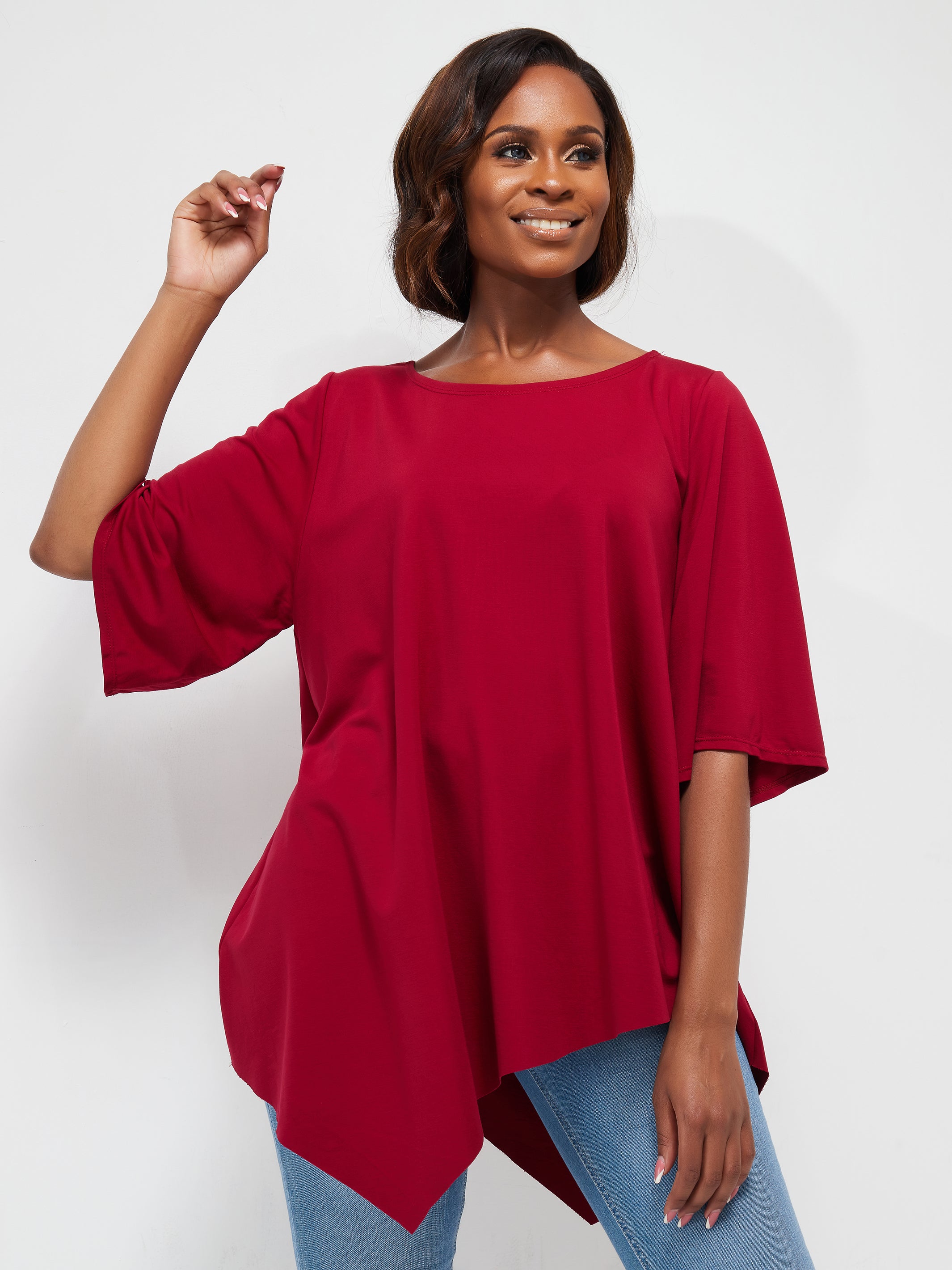 Vivo Basic Asymmetrical Angel Sleeve Top - Maroon