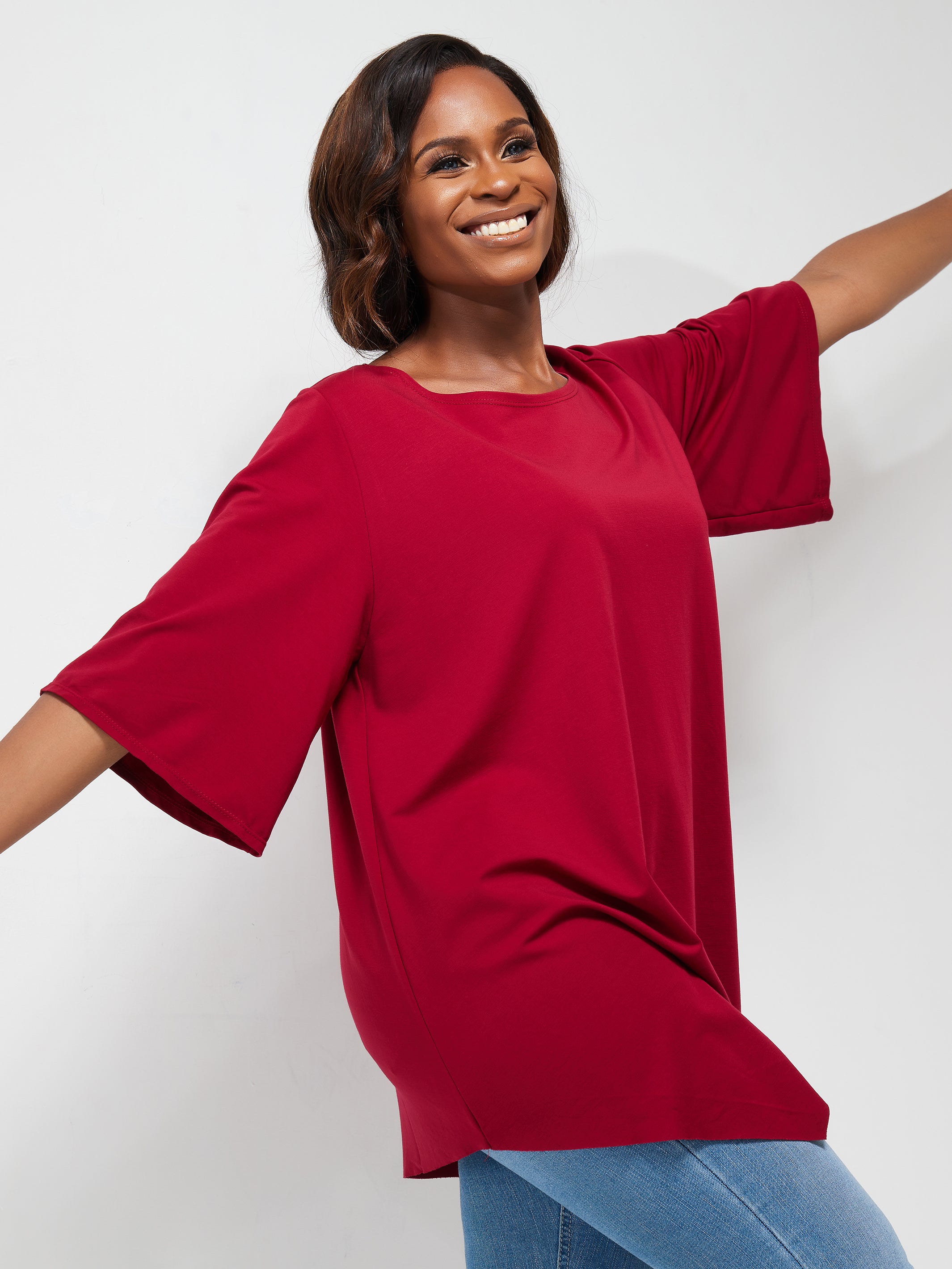 Vivo Basic Asymmetrical Angel Sleeve Top - Maroon