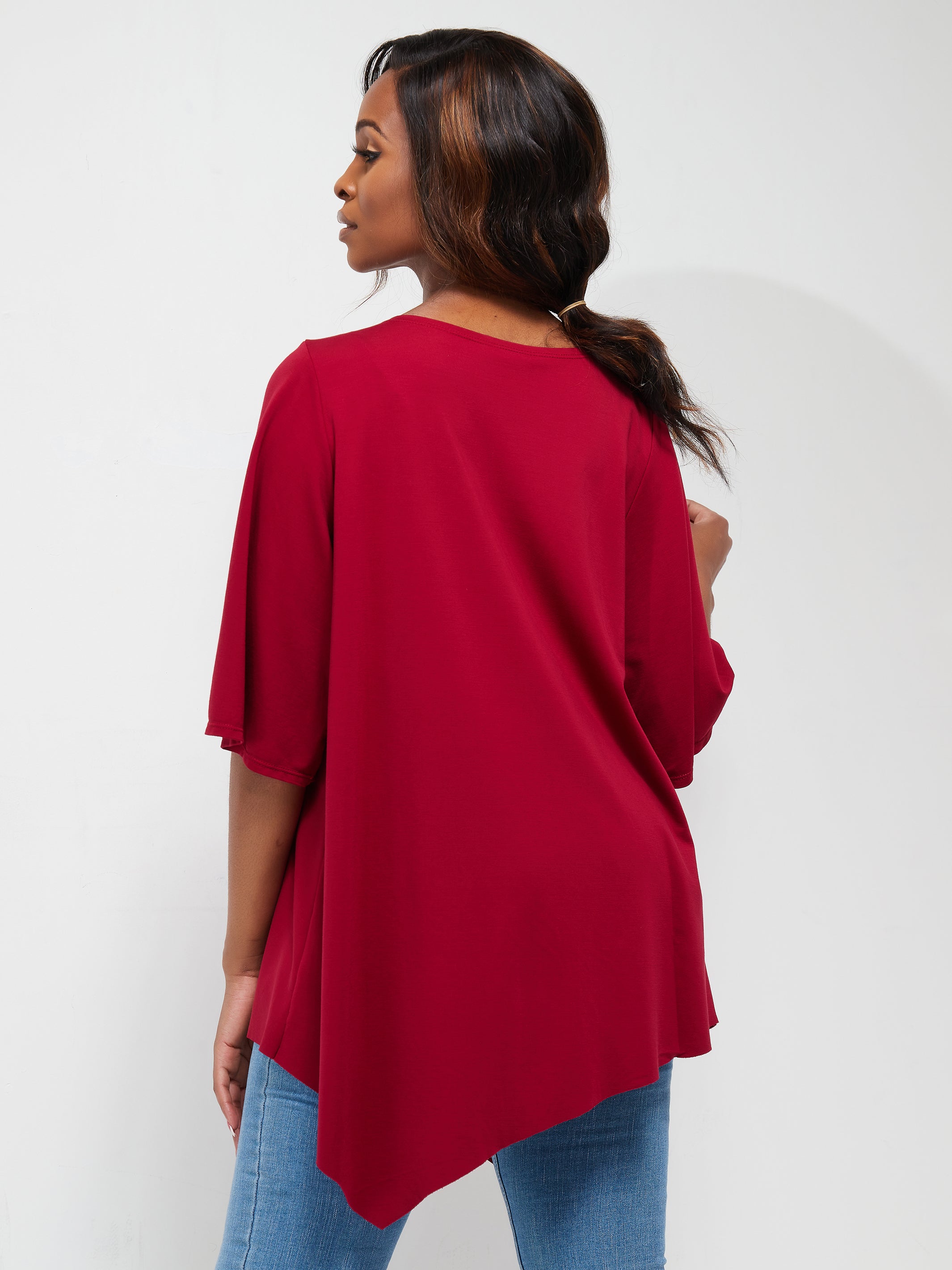 Vivo Basic Asymmetrical Angel Sleeve Top - Maroon