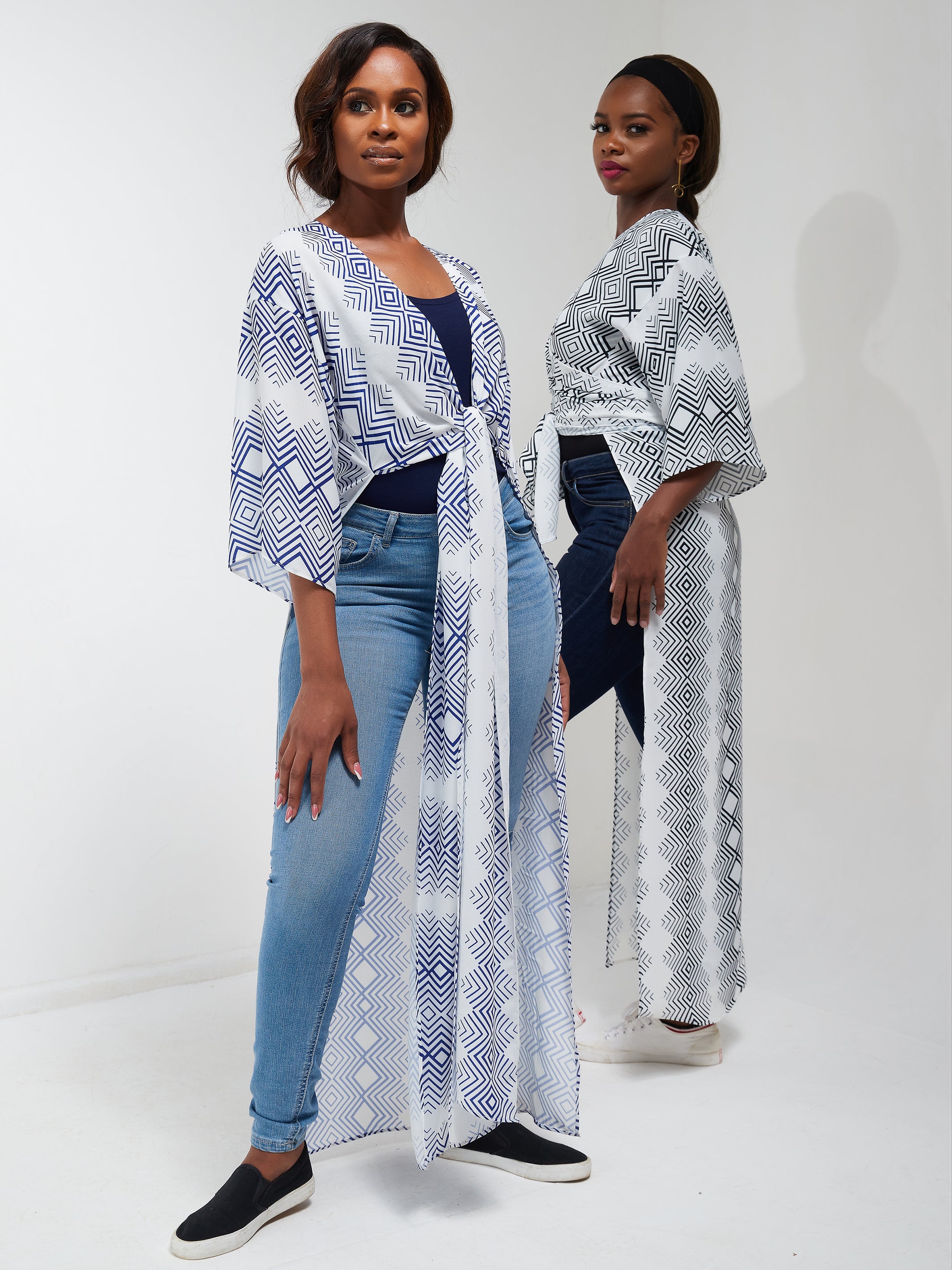 Vivo Basic Nandi High Slit Kimono - Blue / White V Print