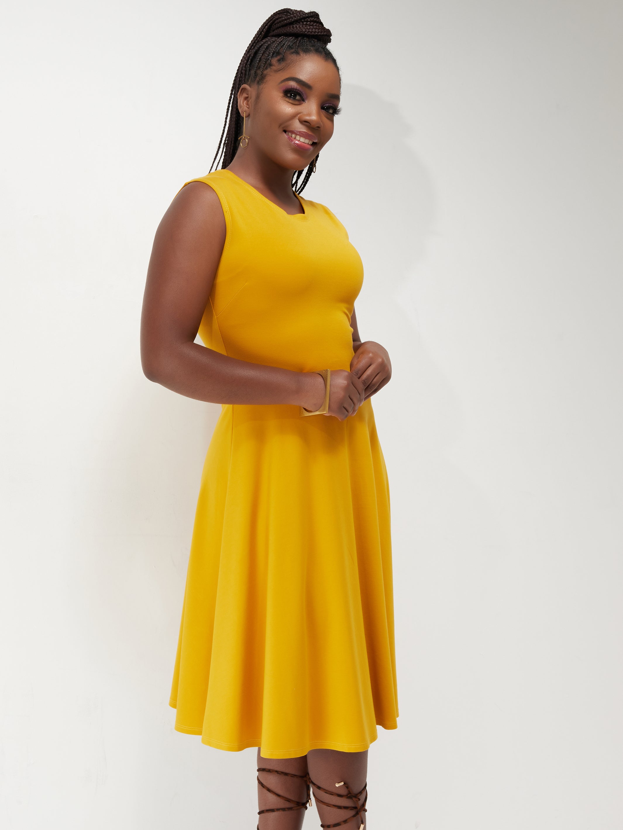 Vivo Basic Sleeveless Ponte Circular Dress - Mustard