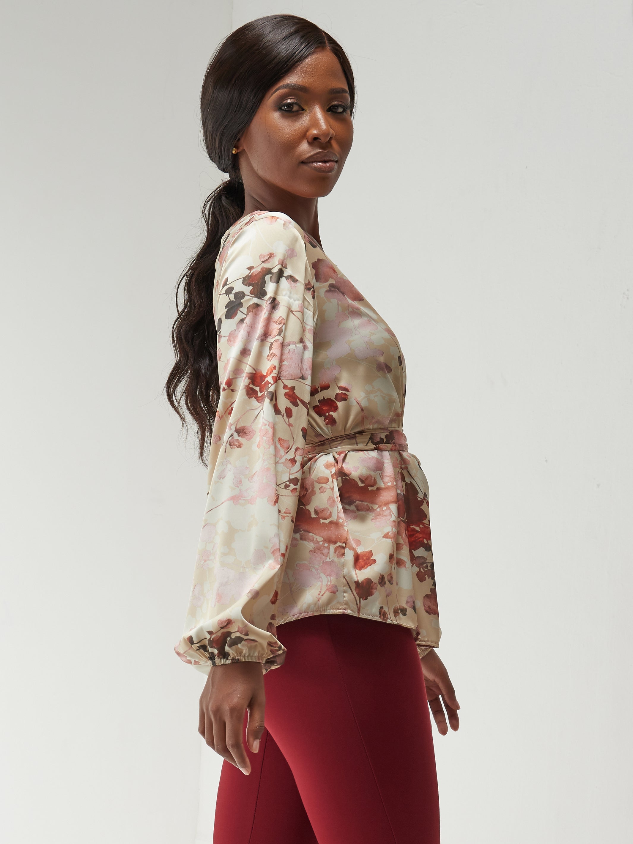Vivo Basic Satin Bishop Sleeved Top - Beige Floral Print