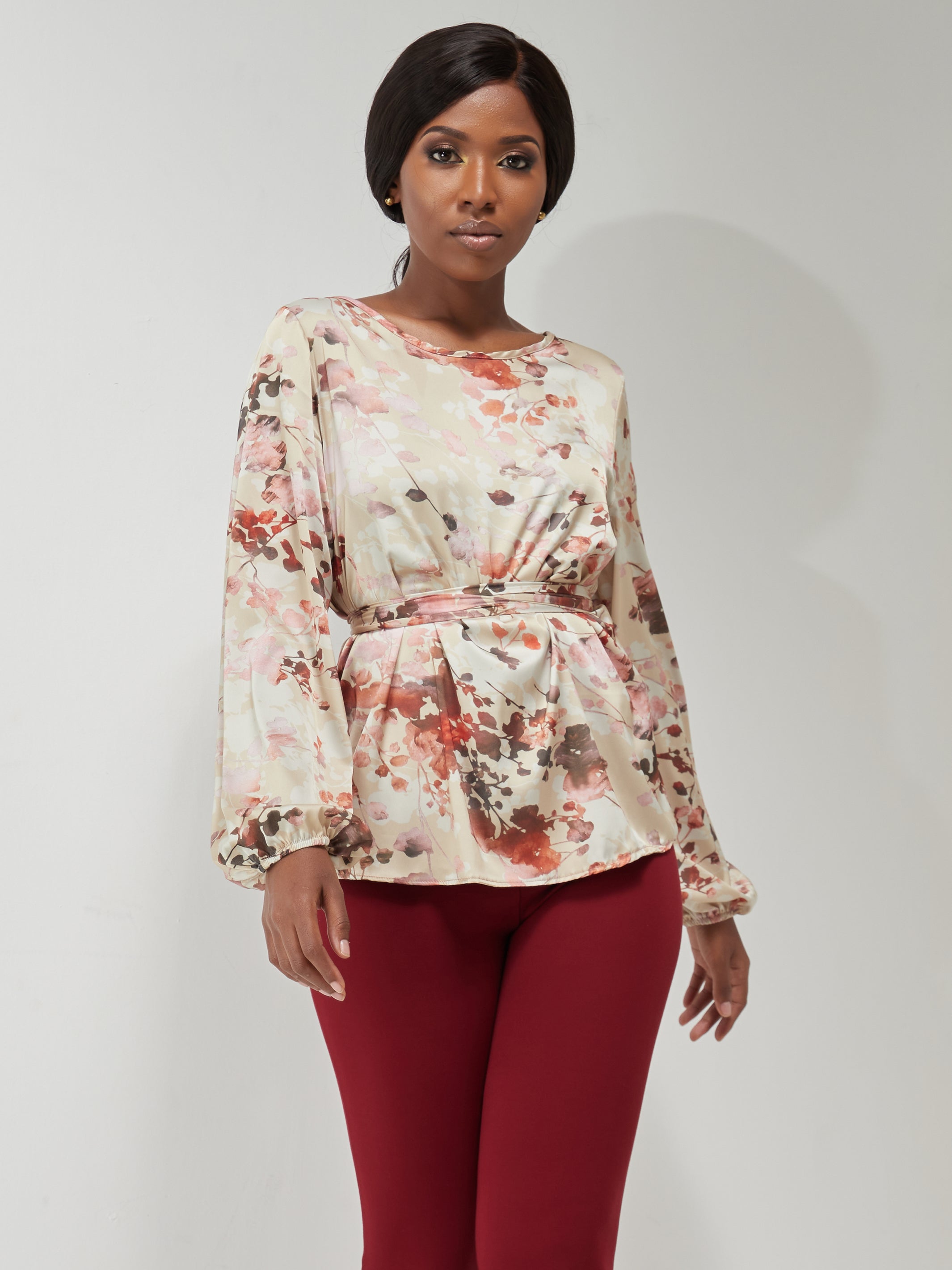 Vivo Basic Satin Bishop Sleeved Top - Beige Floral Print