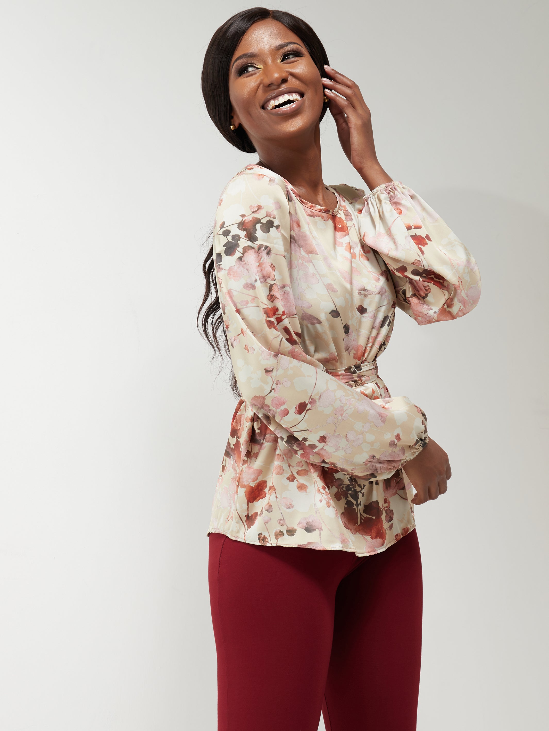 Vivo Basic Satin Bishop Sleeved Top - Beige Floral Print