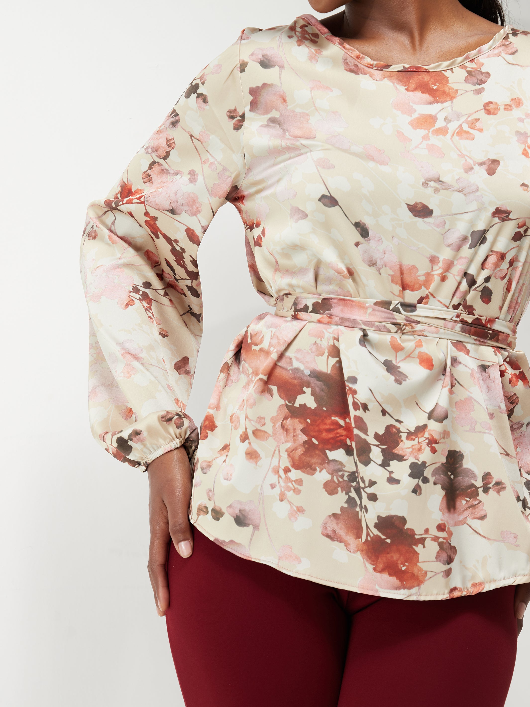Vivo Basic Satin Bishop Sleeved Top - Beige Floral Print