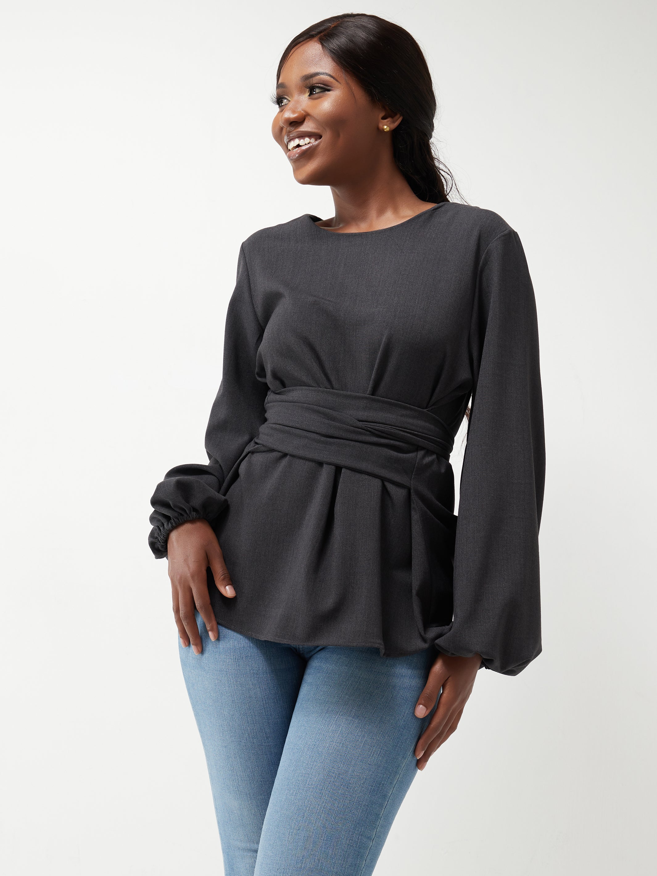 Vivo Basic Crepe Tie Top - Dark Grey