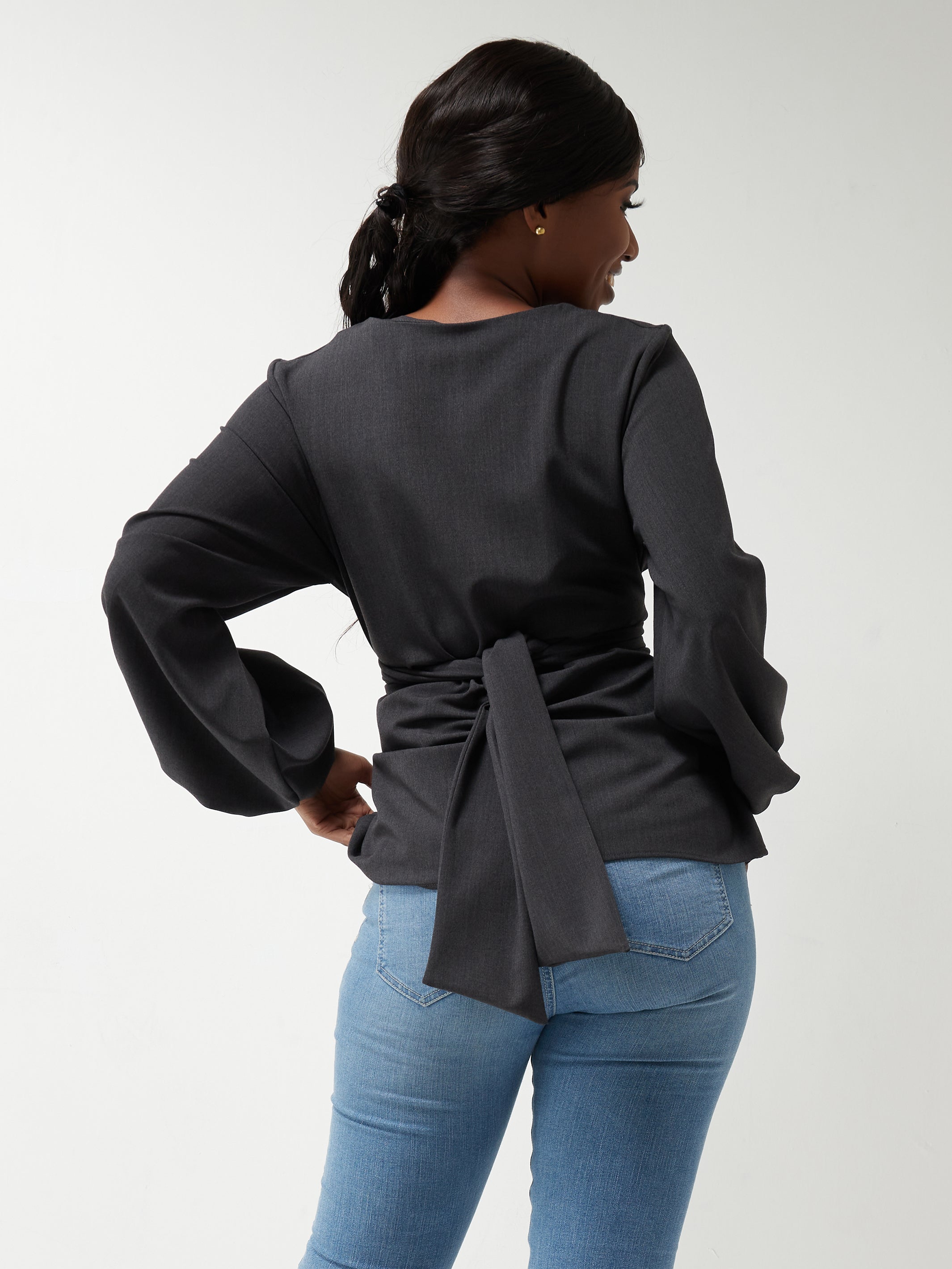 Vivo Basic Crepe Tie Top - Dark Grey