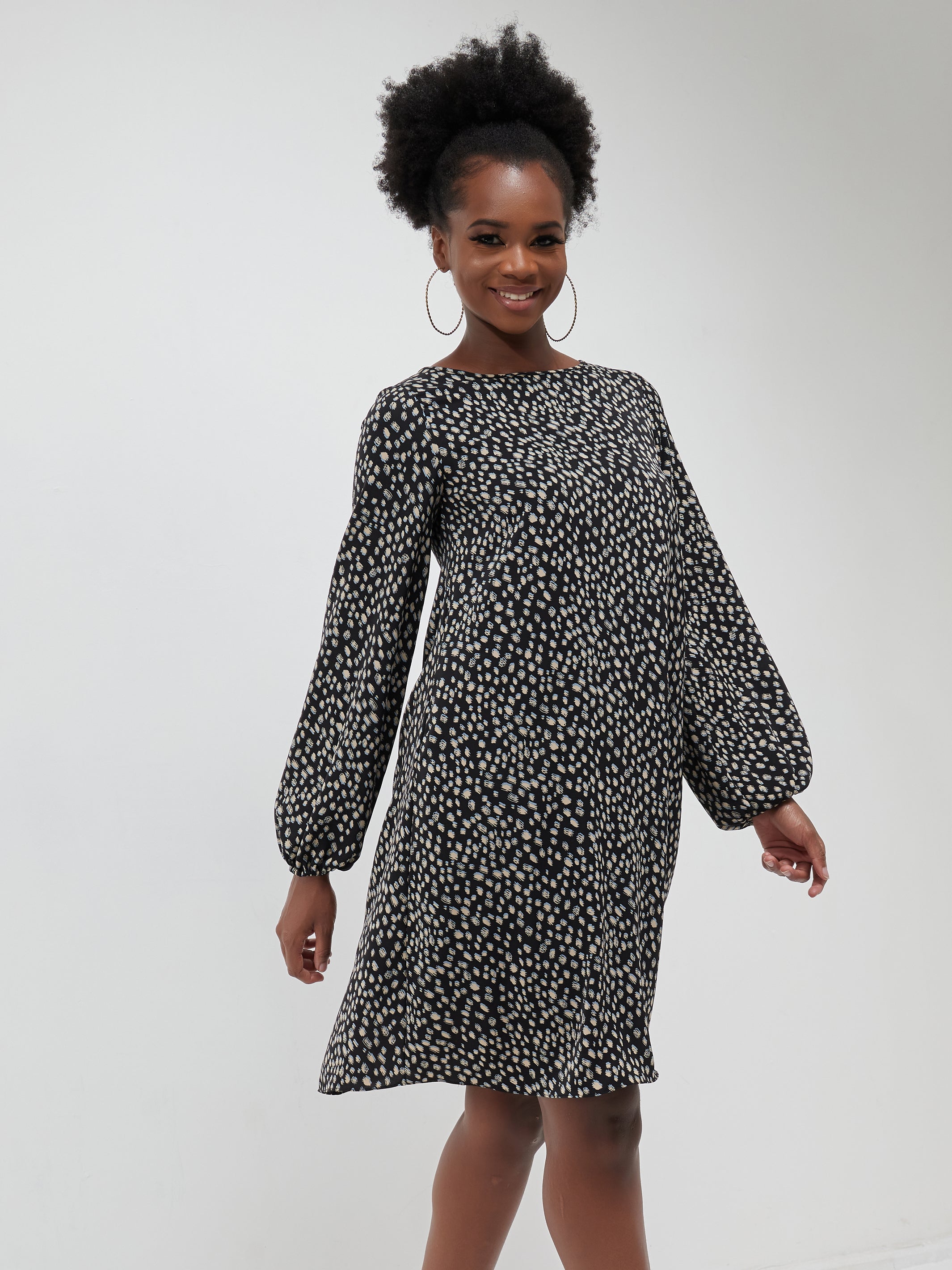 Vivo Basic Ayo Bishop Sleeve Dress - Buttermilk / Navy Print
