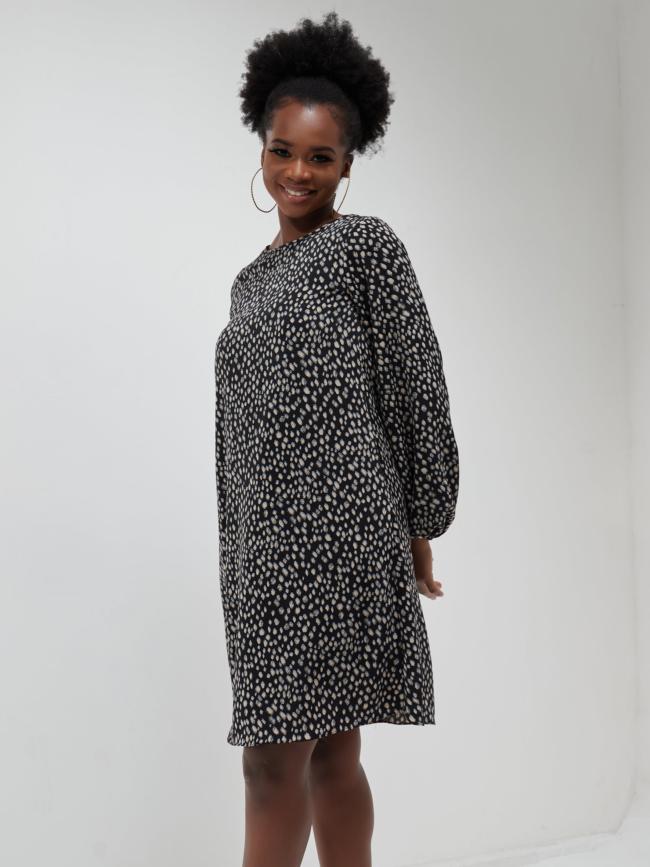 Vivo Basic Ayo Bishop Sleeve Dress - Buttermilk / Navy Print
