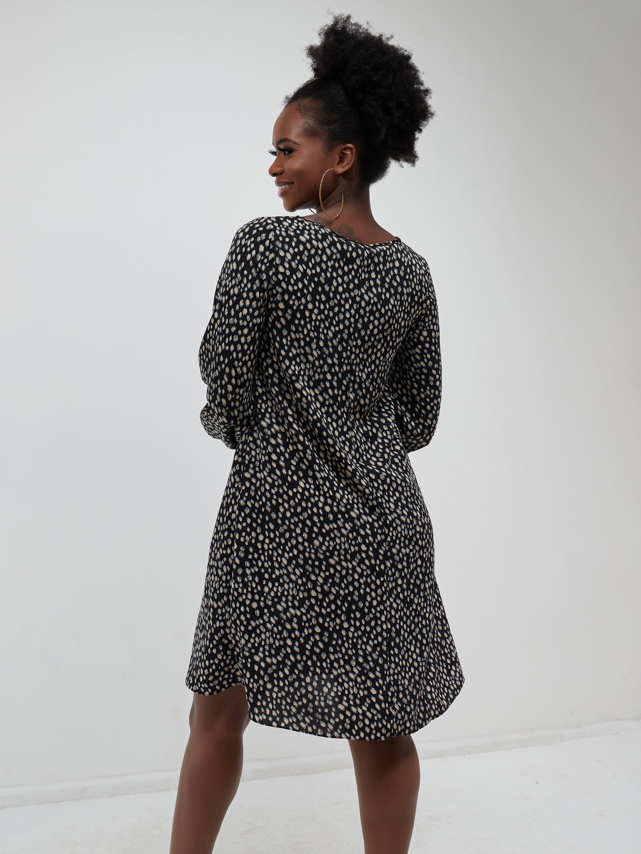 Vivo Basic Ayo Bishop Sleeve Dress - Buttermilk / Navy Print