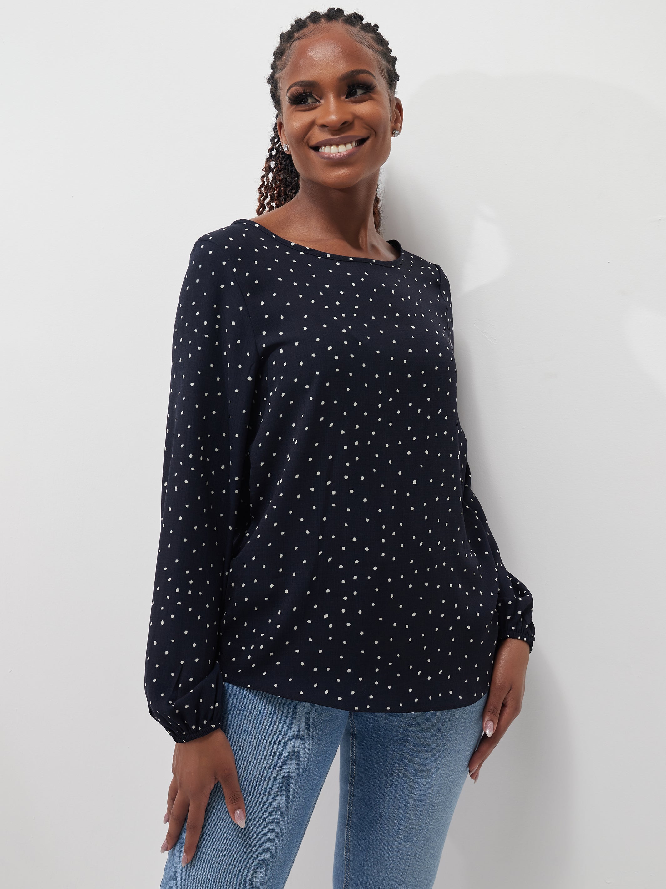 Vivo Basic Long Sleeved Bishop Top - Navy / White Polka